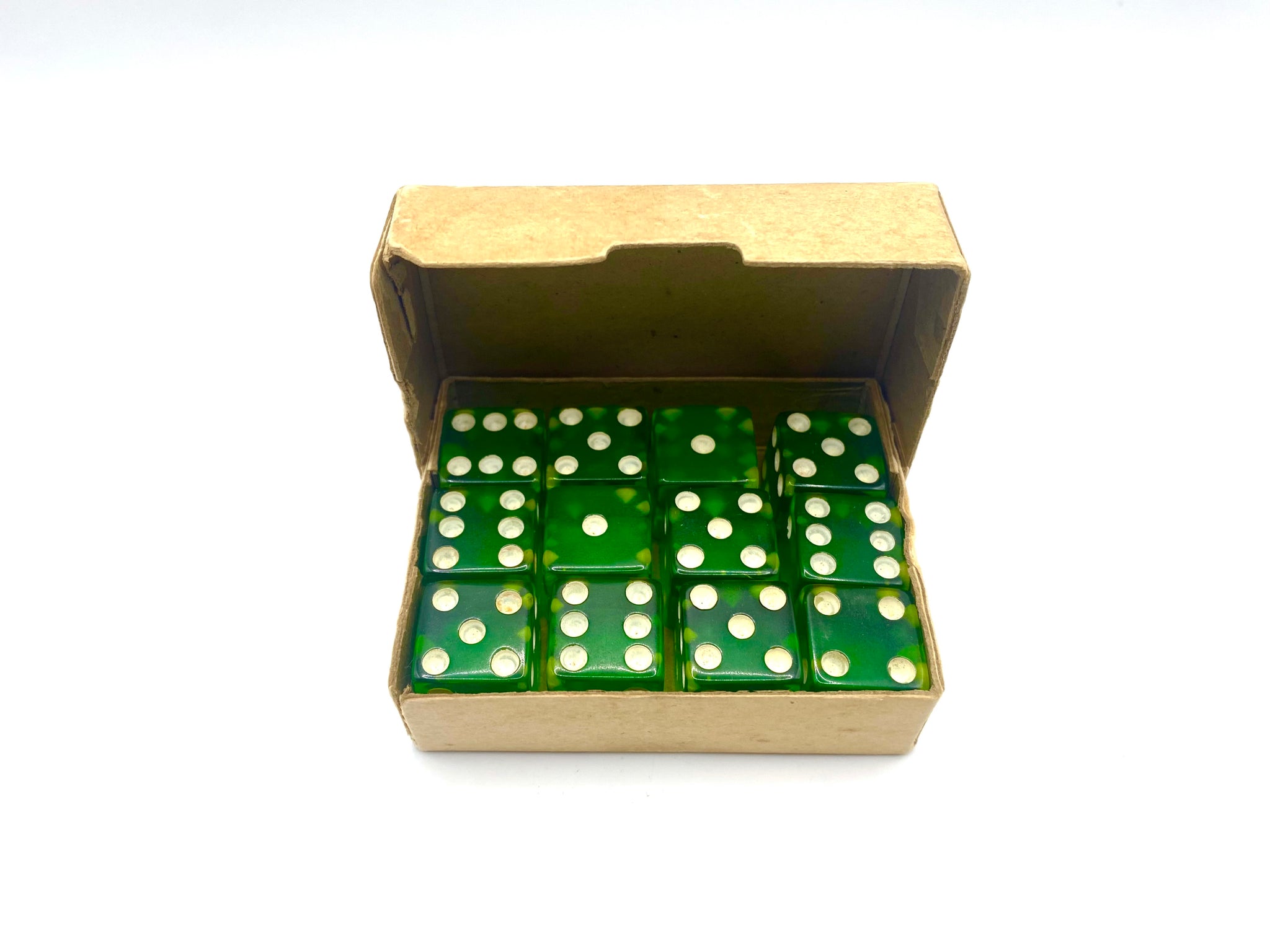 12 Vintage Elk Brand 1930s Green Bakelite Dice, in original Box