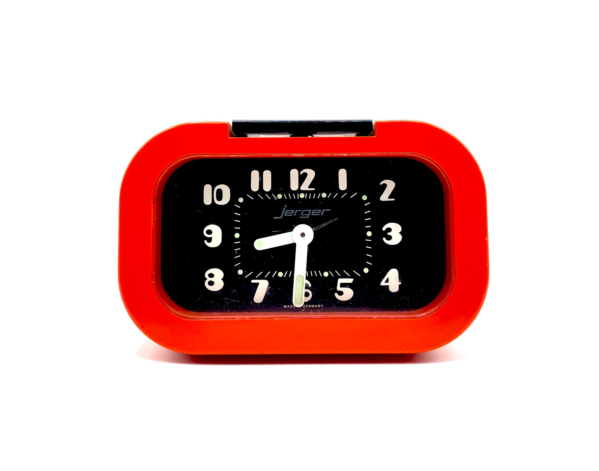 Vintage, wind up, alarm clock by Jerger, bright orange, Germany
