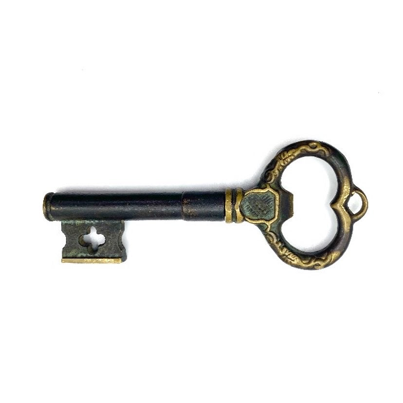 Antique Verdigris Key Corkscrew with Original wooden box covered in le ...