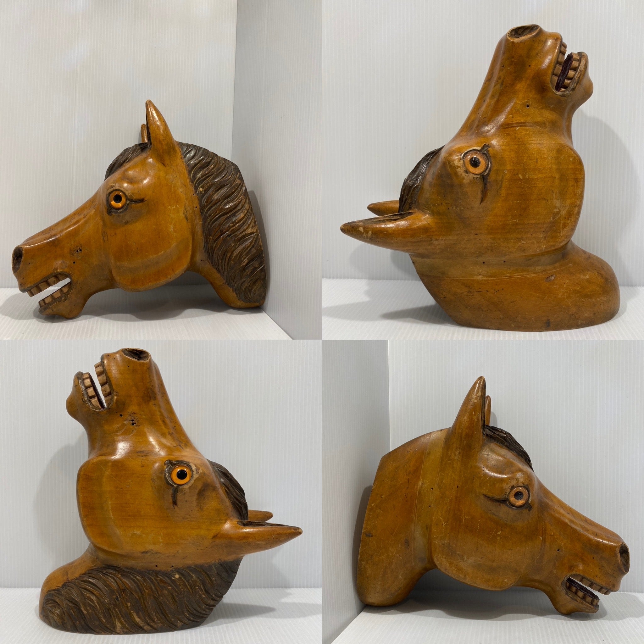 Schwarzwald hand carved, wooden horse head with glass eyes