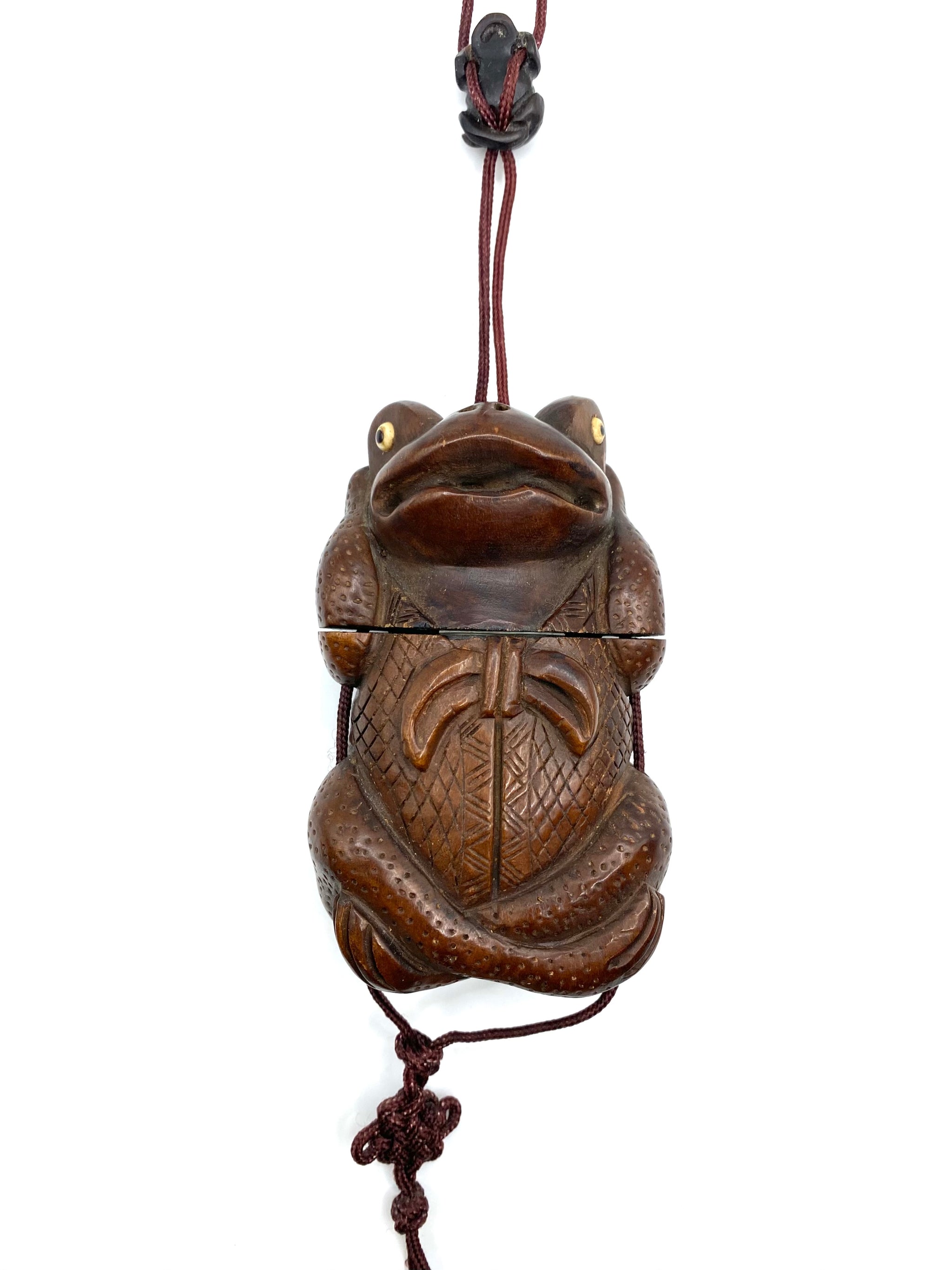 Antique Japanese SAGEMONO/INRO Carved Wood Frog w/ Netsuke