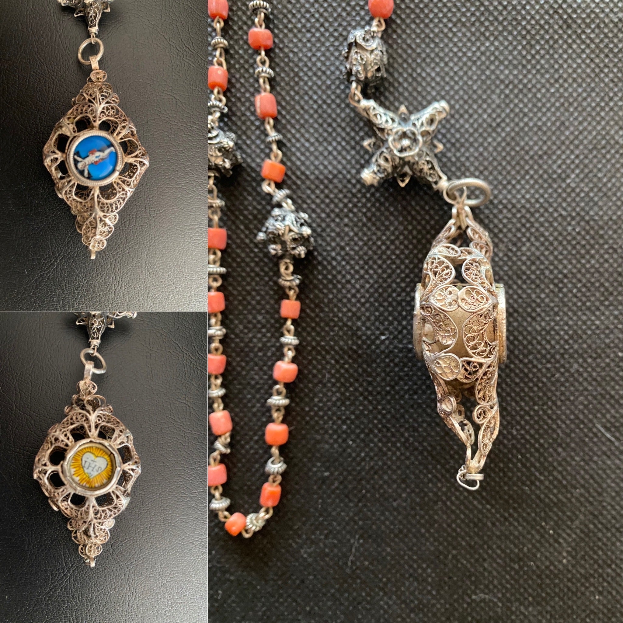 Antique Rosary With Relic, silver filigree Cross and mediterranean coral beads. 17th century Italy