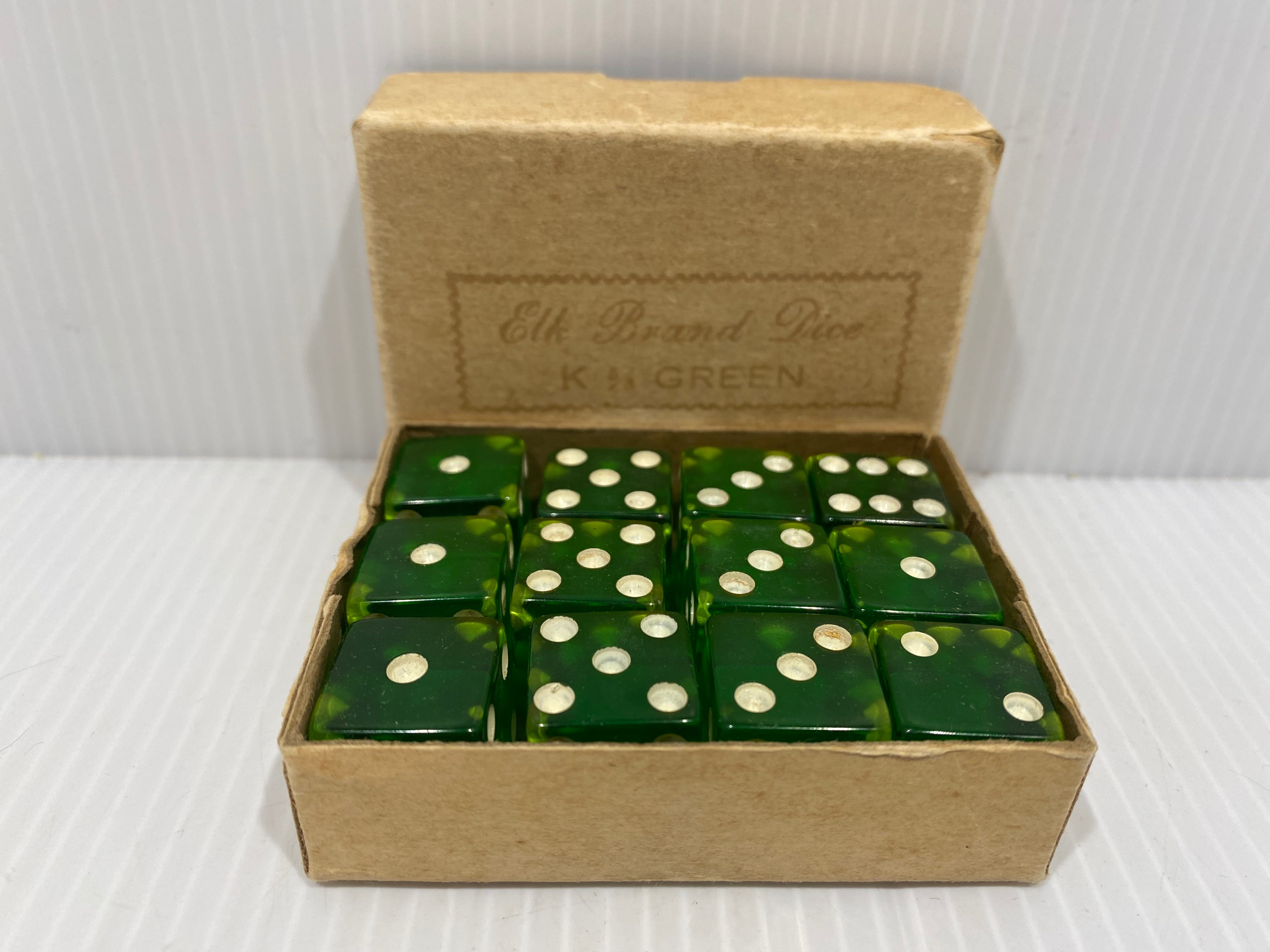 12 Vintage Elk Brand 1930s Green Bakelite Dice, in original Box