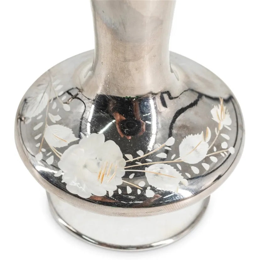 Art Deco DeVilbiss pump atomizer glass perfume bottles with mirror finish and clear stem. Further embellished with floral etched motifs.