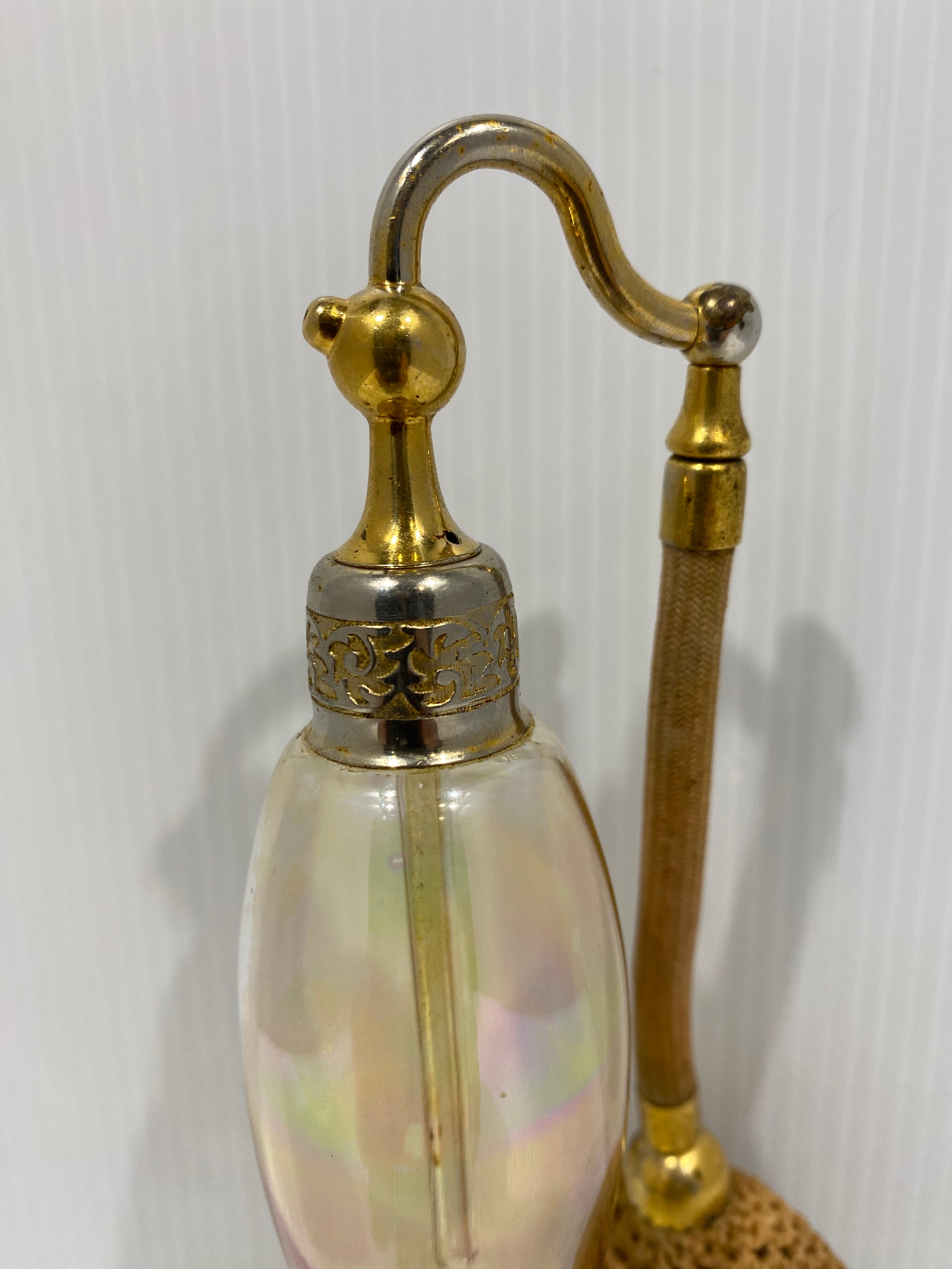 Rare Art Deco DeVilbiss pump atomizer Gold Aurene Glass perfume bottles.