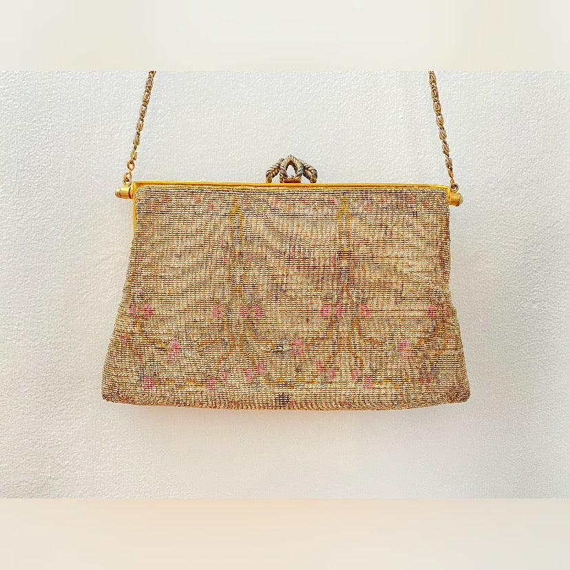 Vintage 1930s-1940s French steel cut micro beaded purse with pink floral wreath decoration and long metal chain