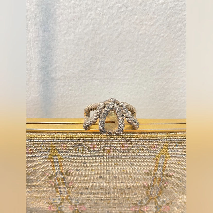 Vintage 1930s-1940s French steel cut micro beaded purse with pink floral wreath decoration and long metal chain