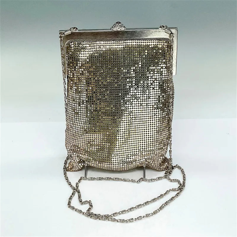 1940s Whiting and Davis Silver Metal Mesh Cross Body Evening Bag