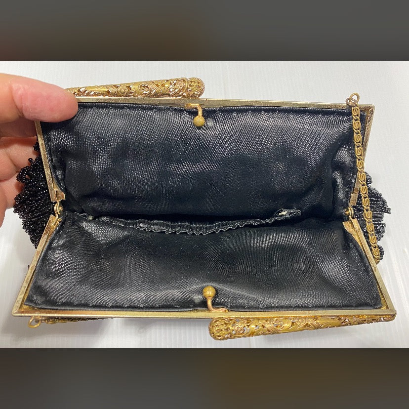 Beautiful art deco , 1930s, black glass beaded purse, ornate gilt bronze frame. Made in France.