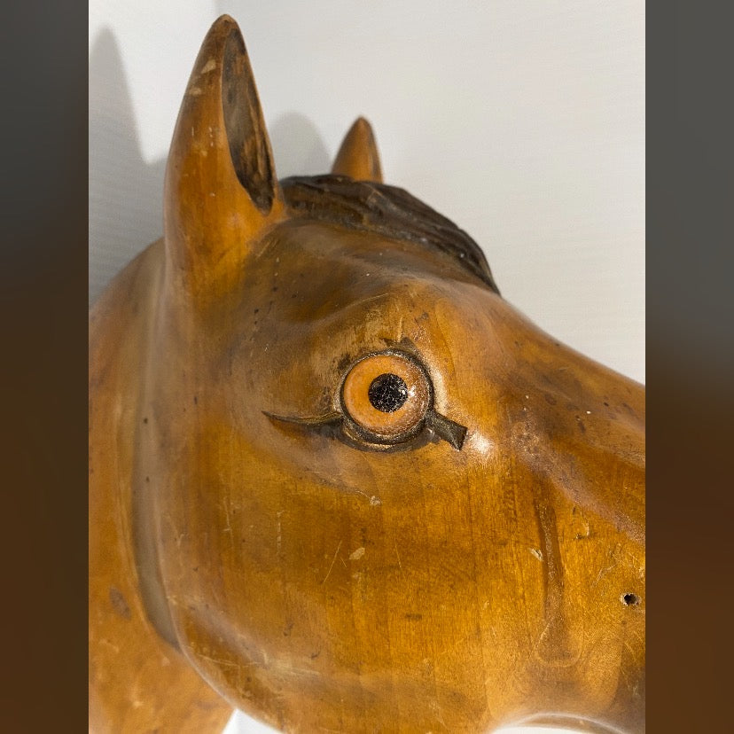 Schwarzwald hand carved, wooden horse head with glass eyes