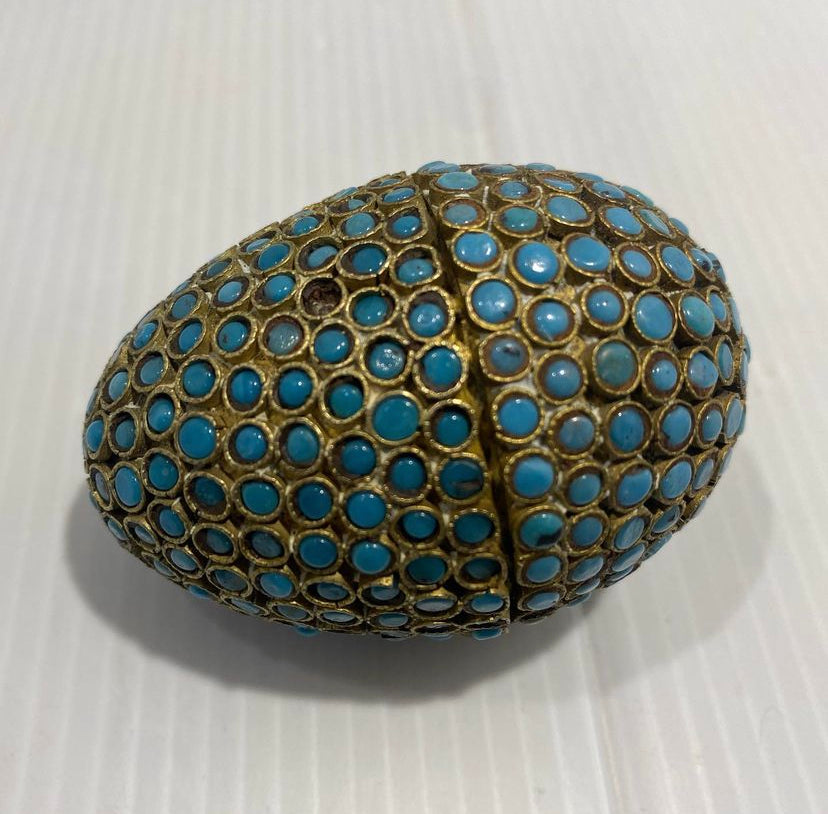 Antique Berber silver gilt egg, Tagmout with Semi Precious green Stones.