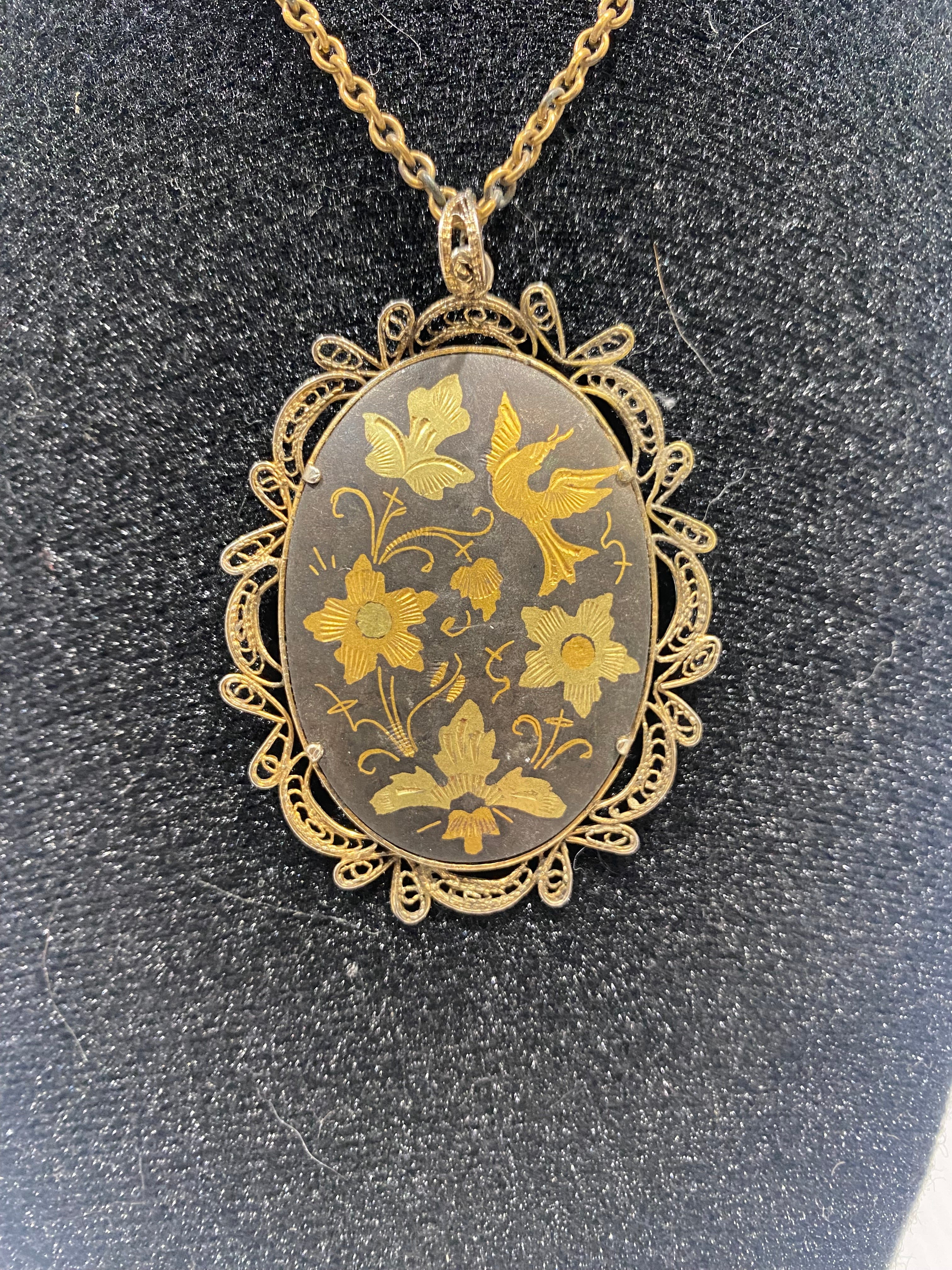 Vintage,  damascene gold Filigree, oval necklace, with flowers and bird