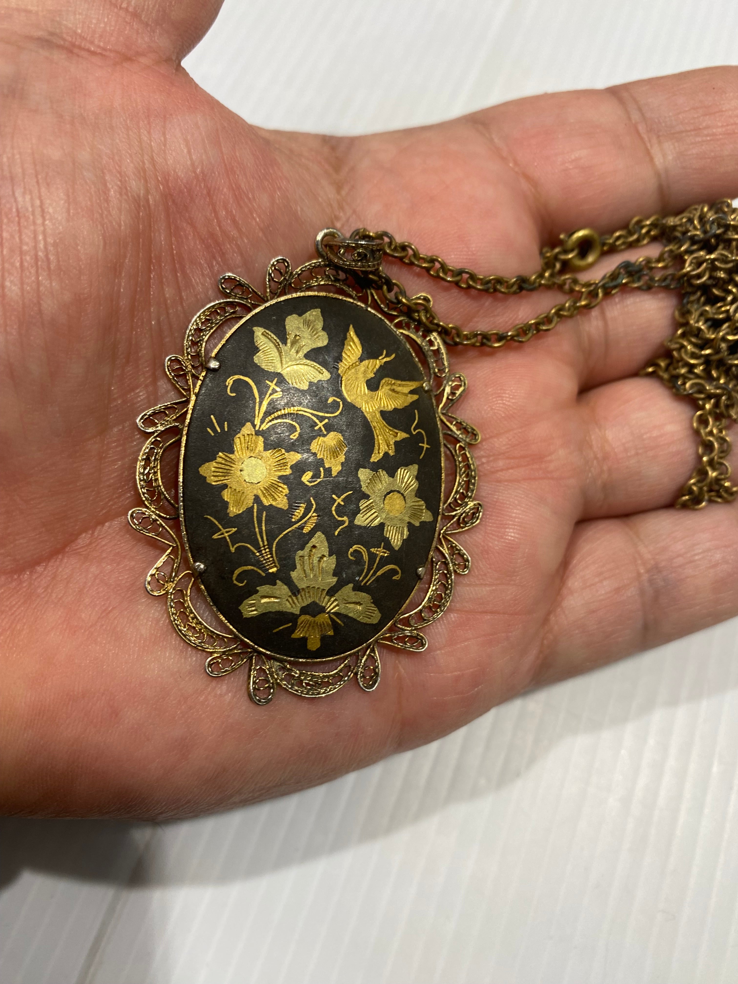 Vintage,  damascene gold Filigree, oval necklace, with flowers and bird