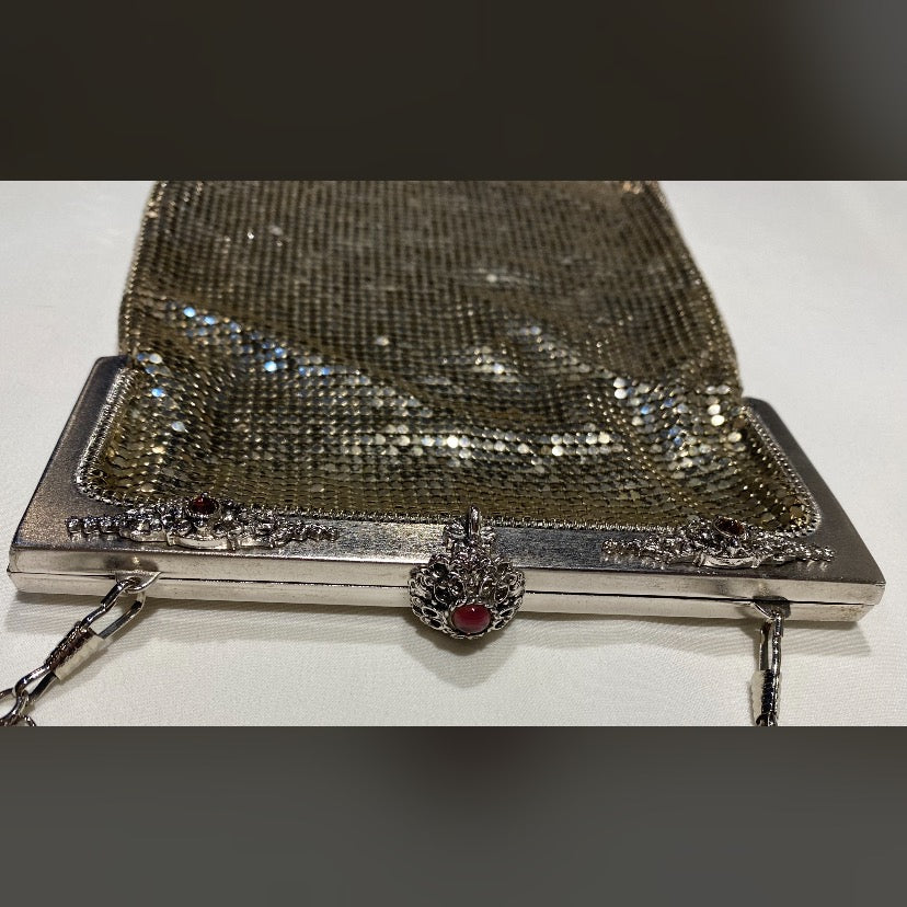1940s Whiting and Davis Silver Metal Mesh Cross Body Evening Bag