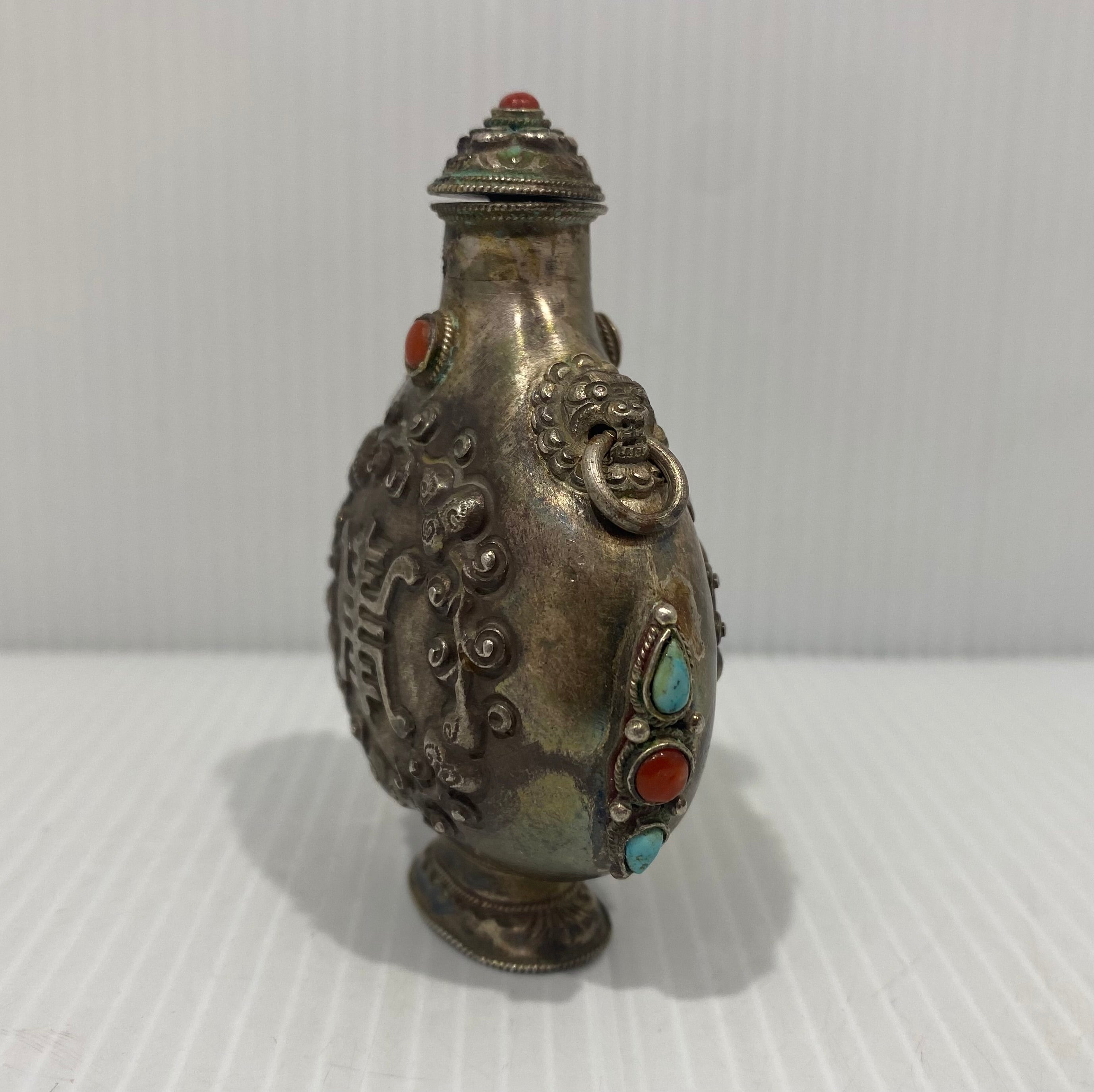 Antique Mongolian Shou Crest Silver, Coral, & Turquoise Snuff Bottle.