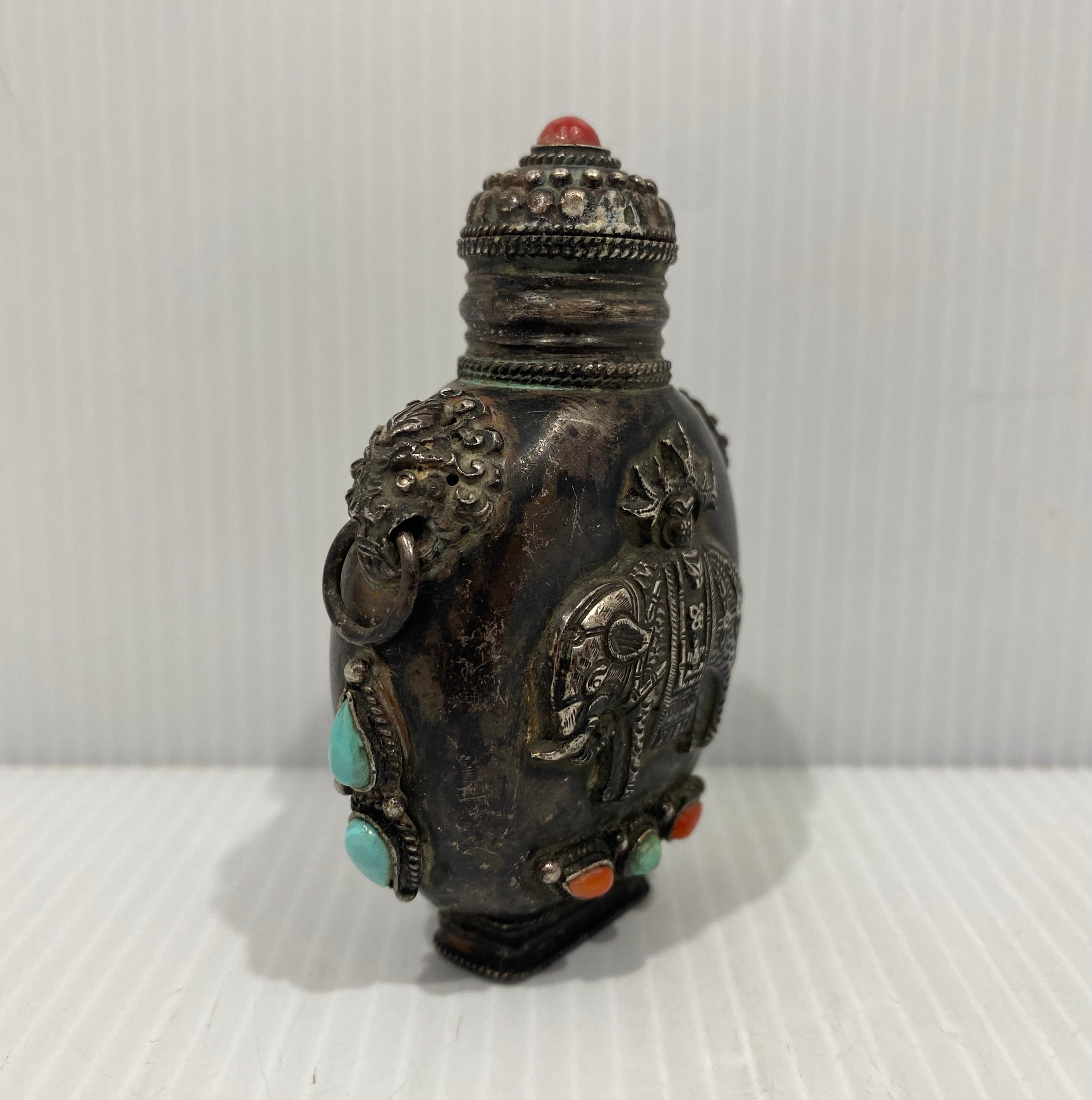 Antique Mongolian Elephant Silver, Coral, & Turquoise Snuff Bottle