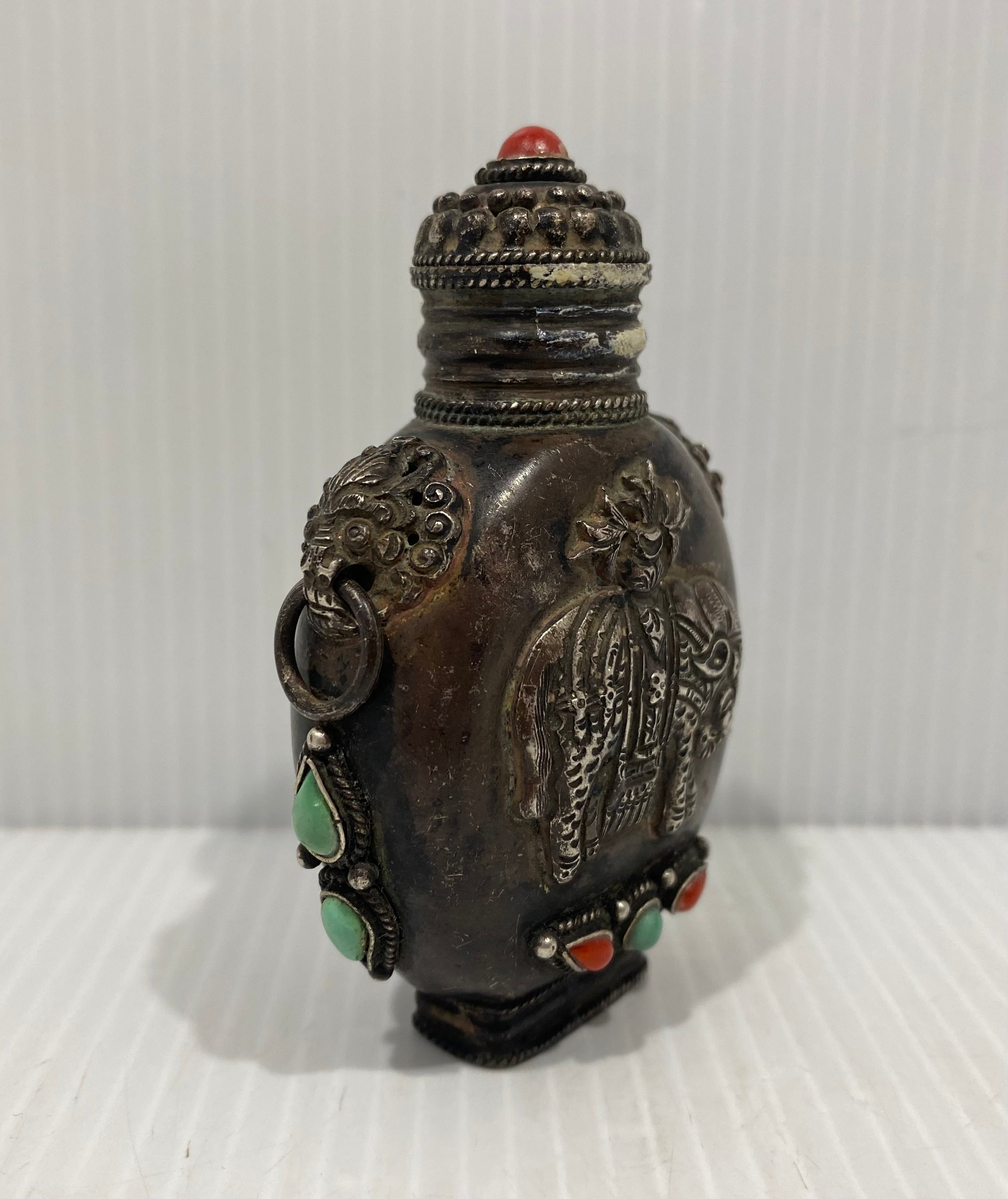 Antique Mongolian Elephant Silver, Coral, & Turquoise Snuff Bottle