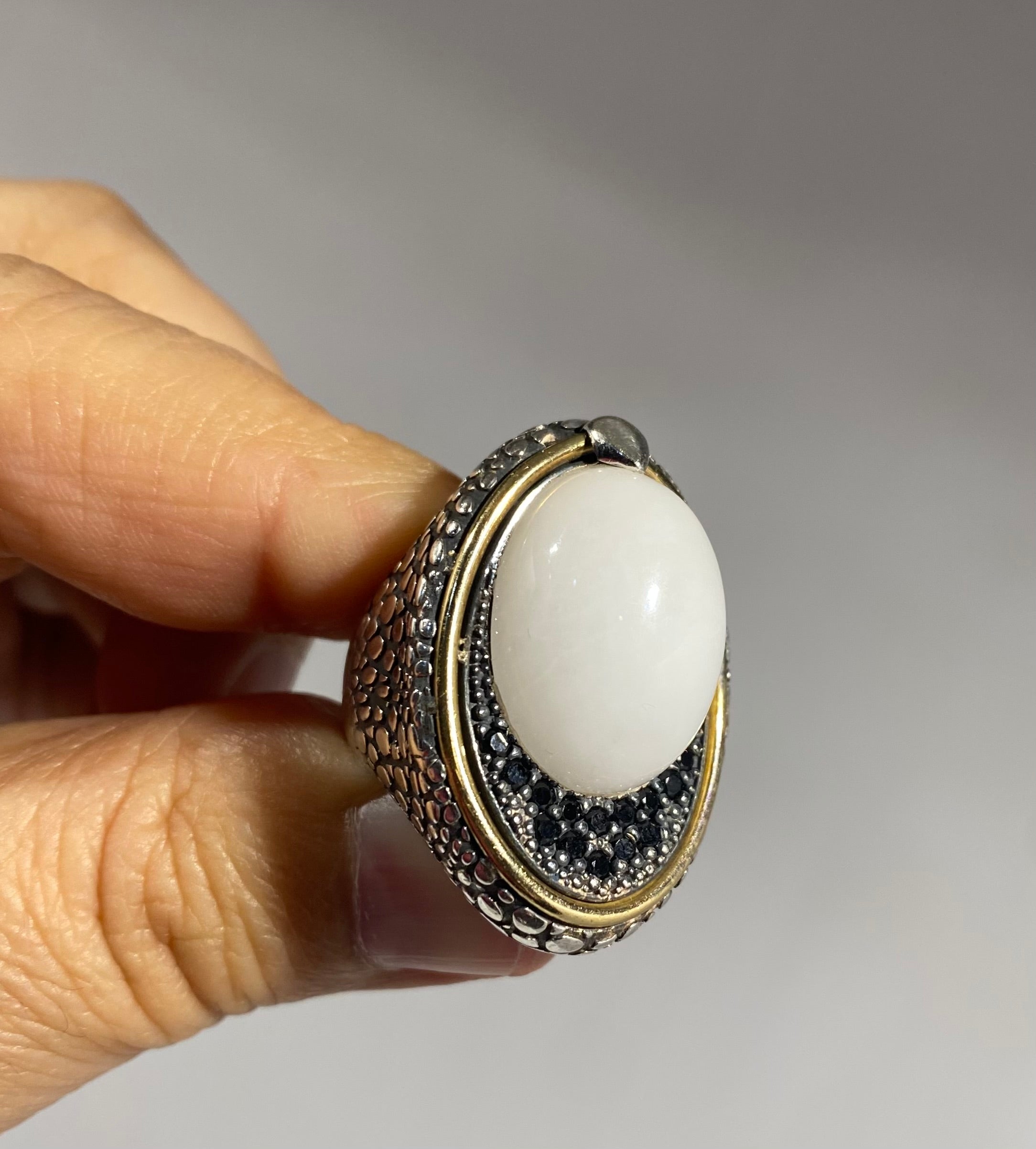 Vintage Designer Sterling Silver, Black Diamond, & White Quartz Ring.