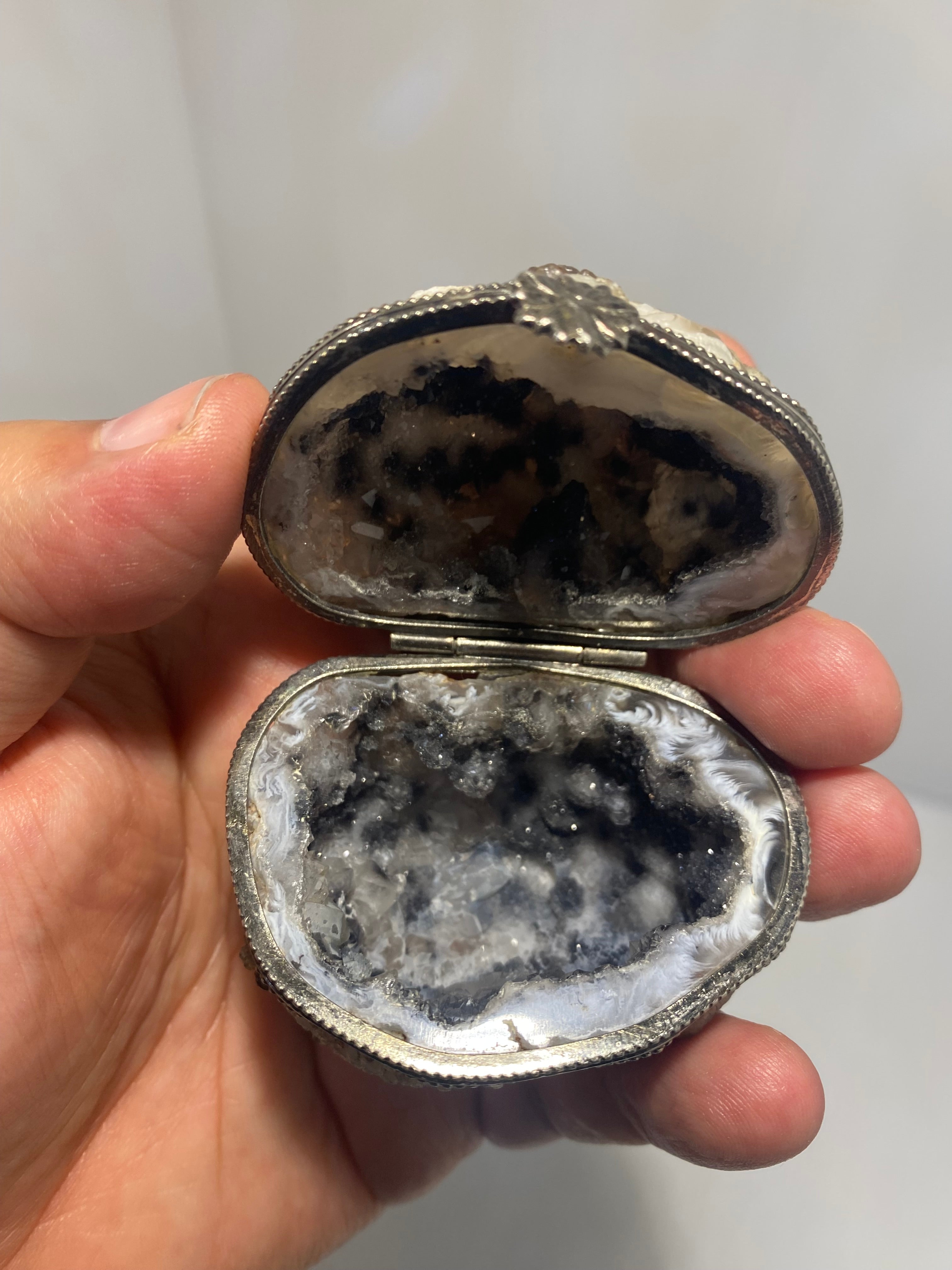 Antique,  Geode Box with Silver Hinged closure band and Floral Clasp