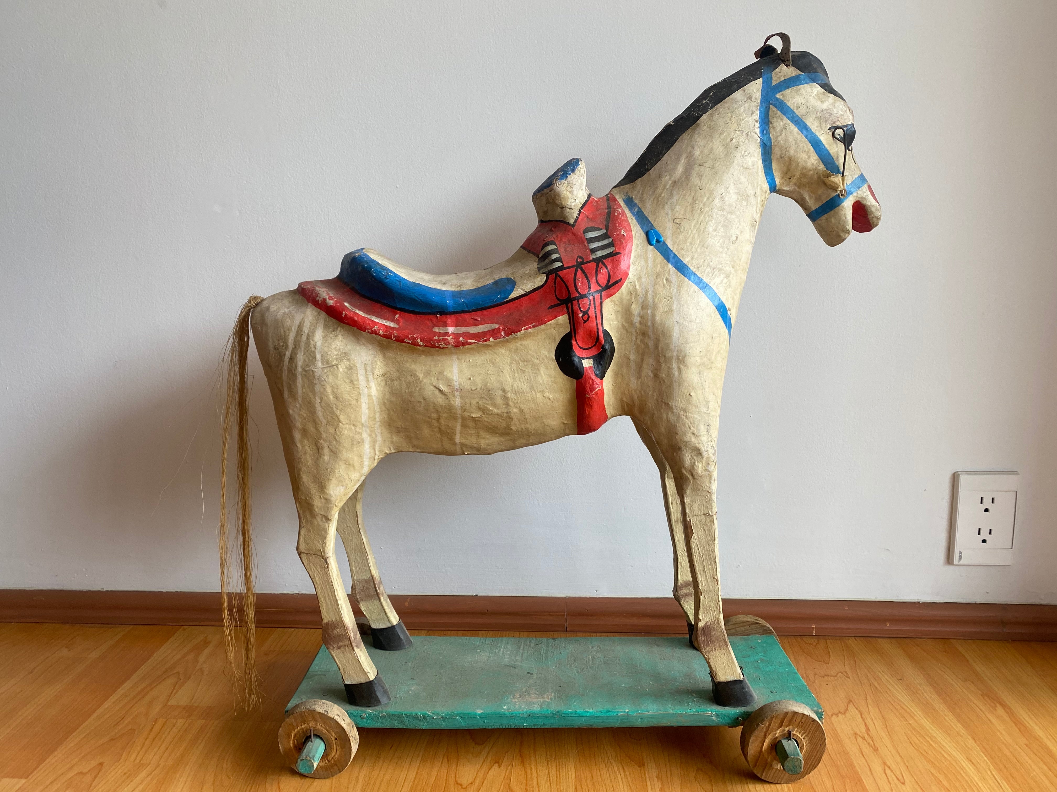 Antique 1930s paper mache horse pull toy
