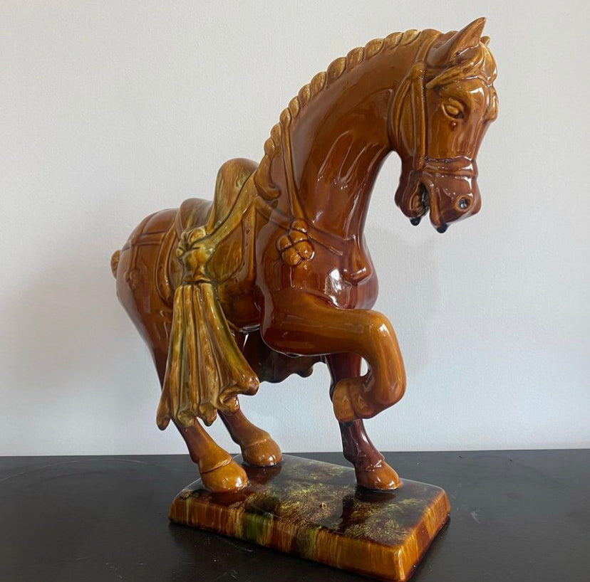 beautiful caramel San Cai pottery horse in high gloss.