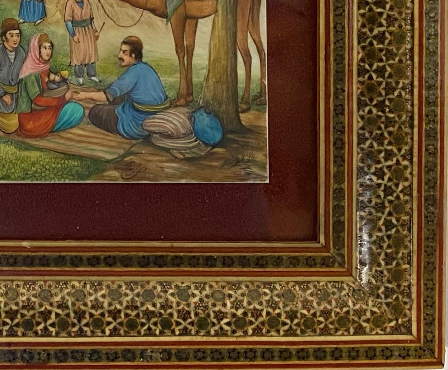 Beautiful antique decorative Khatam frame, hand-painting Iranian miniature, signed, 1920s