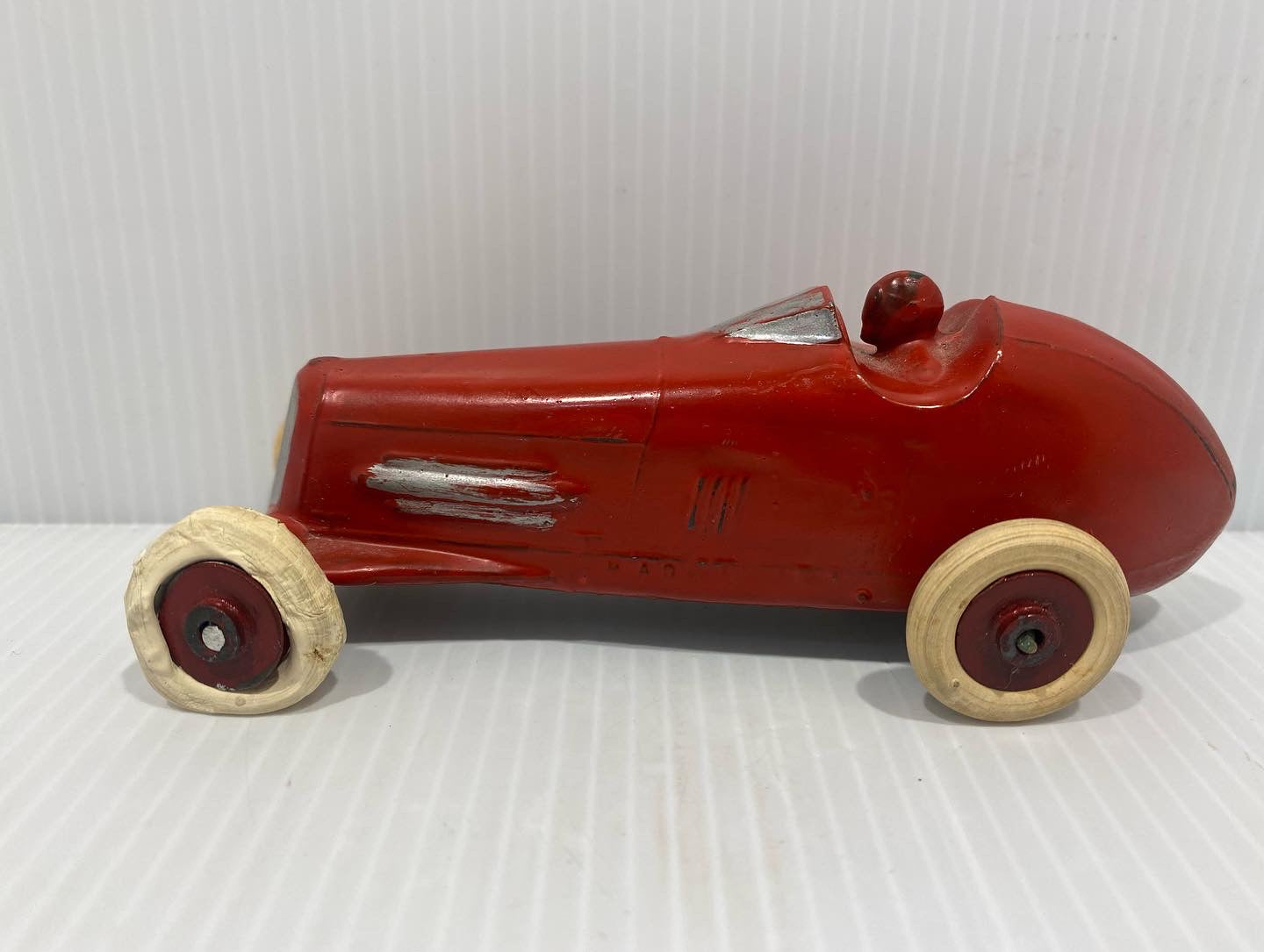 Rare Antique Savoye Pewter Toy Company boat-tail racer with driver , all original. Made in USA 1930's.