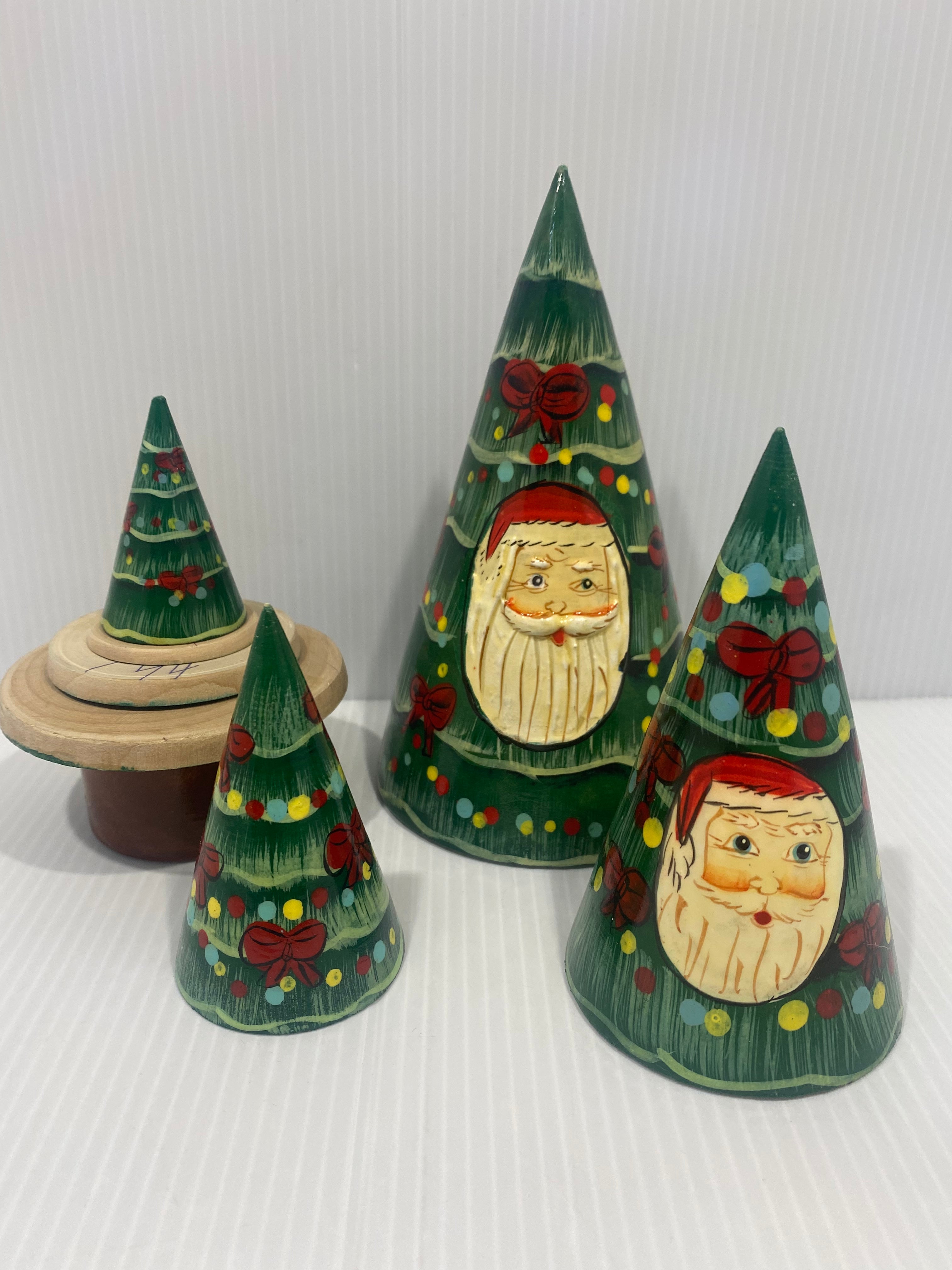 Vintage Hand Carved And Painted Polychrome, wood christmas tree Matryoshka