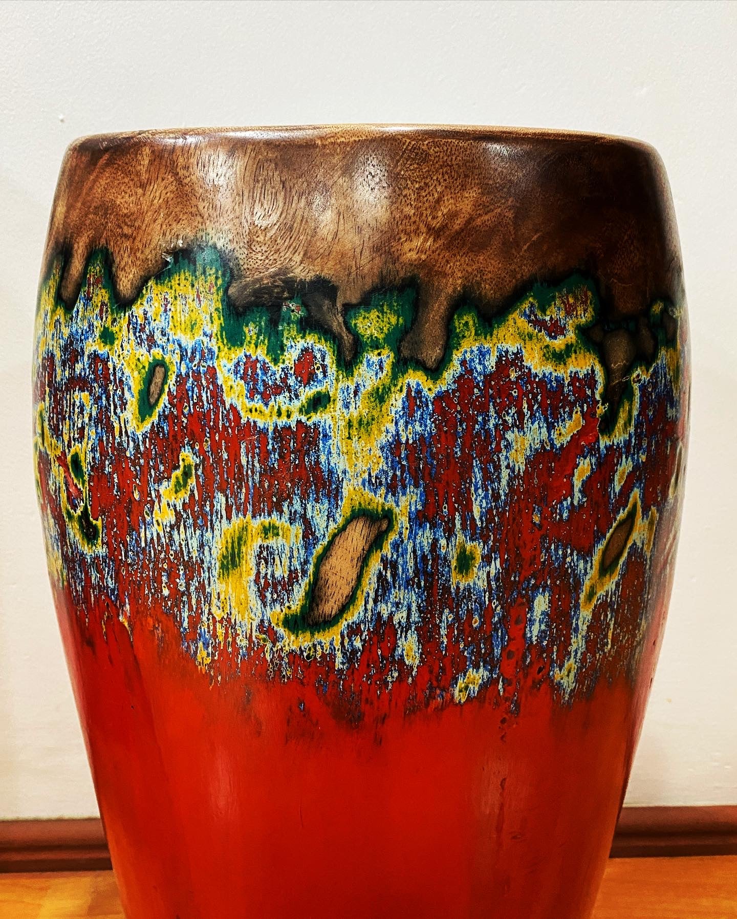 Vintage Fine and Large, wood Carved vase,  hand painted. 1970s Morocco.