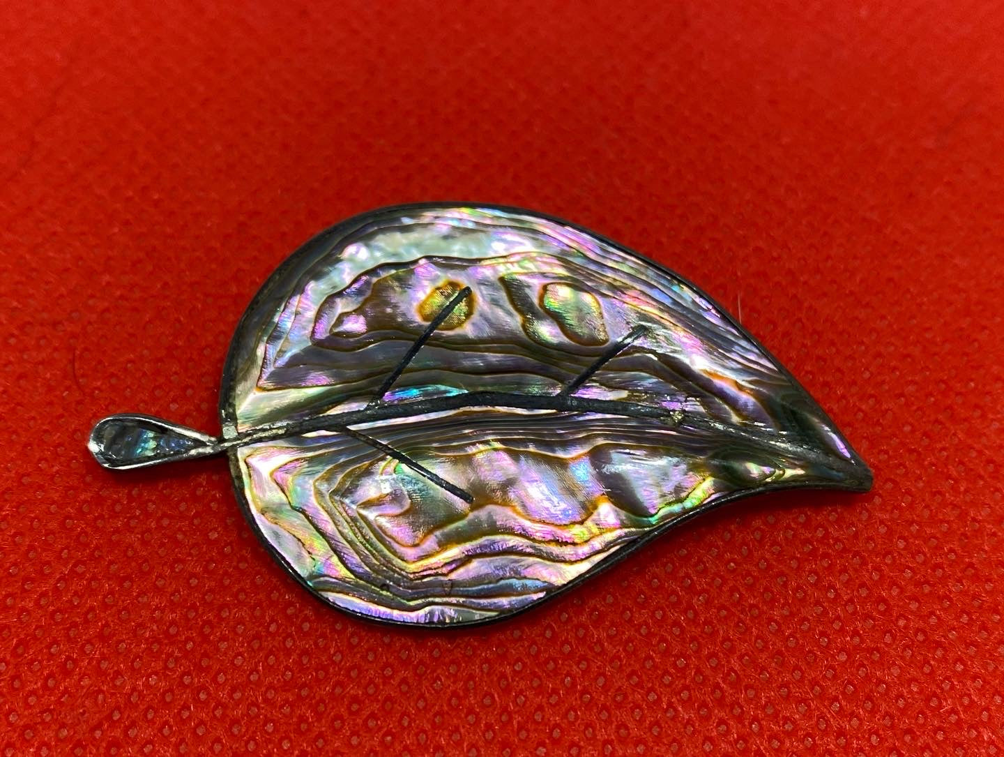 Mexican Vintage Sterling Silver and Abalone Shell Leaf Form Brooch.