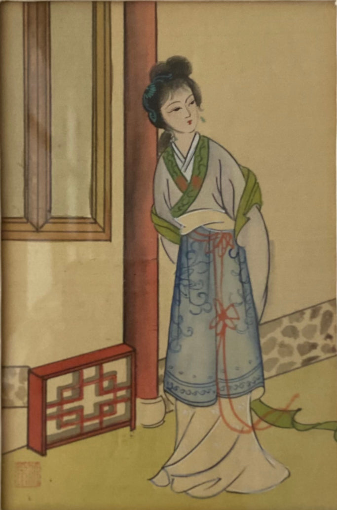 Beautiful 1920s Japanese Geisha Girl Silk Painting