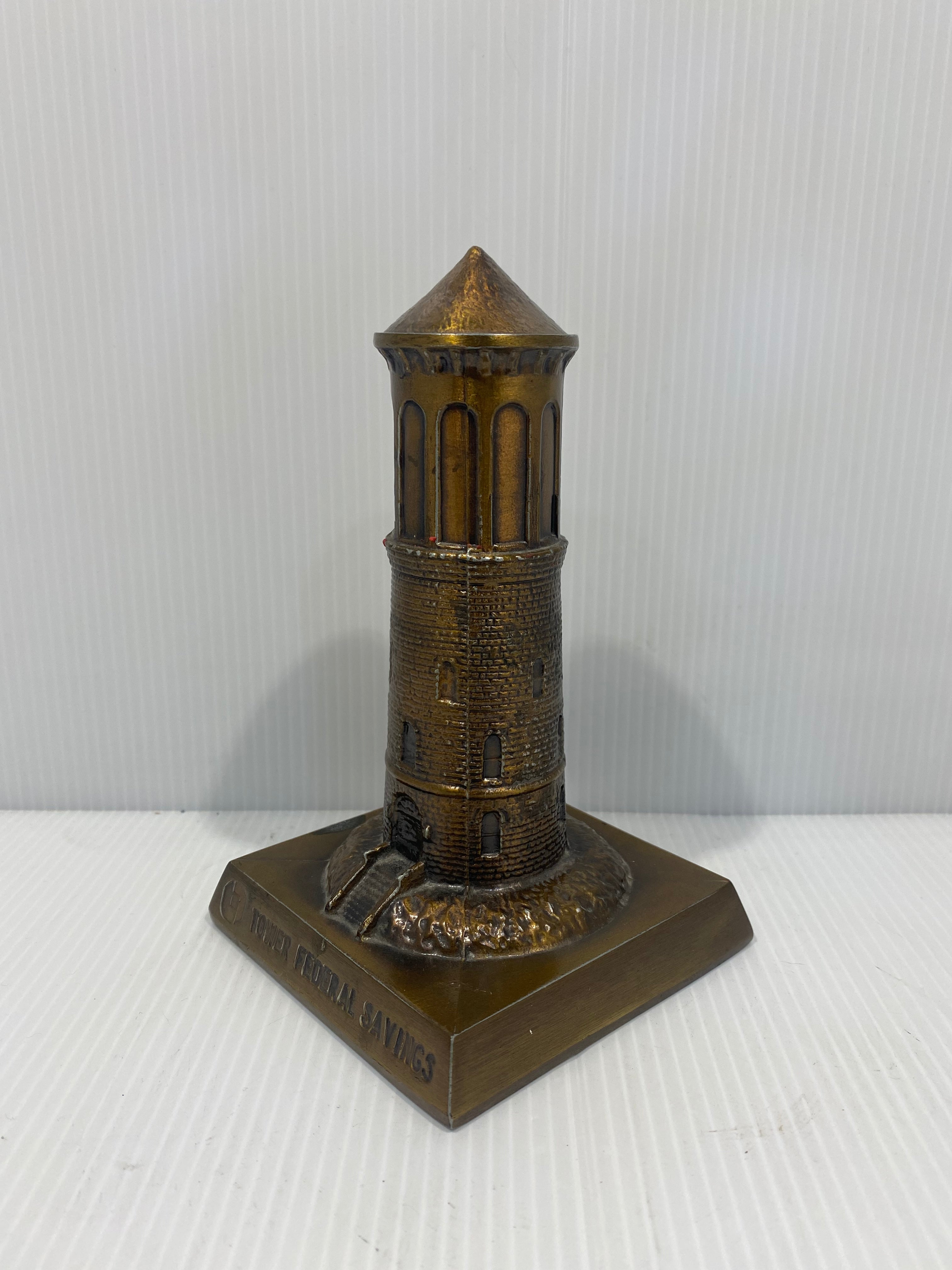 Vintage brass Tower Federal Savings coin bank made by Banthrico. 1964