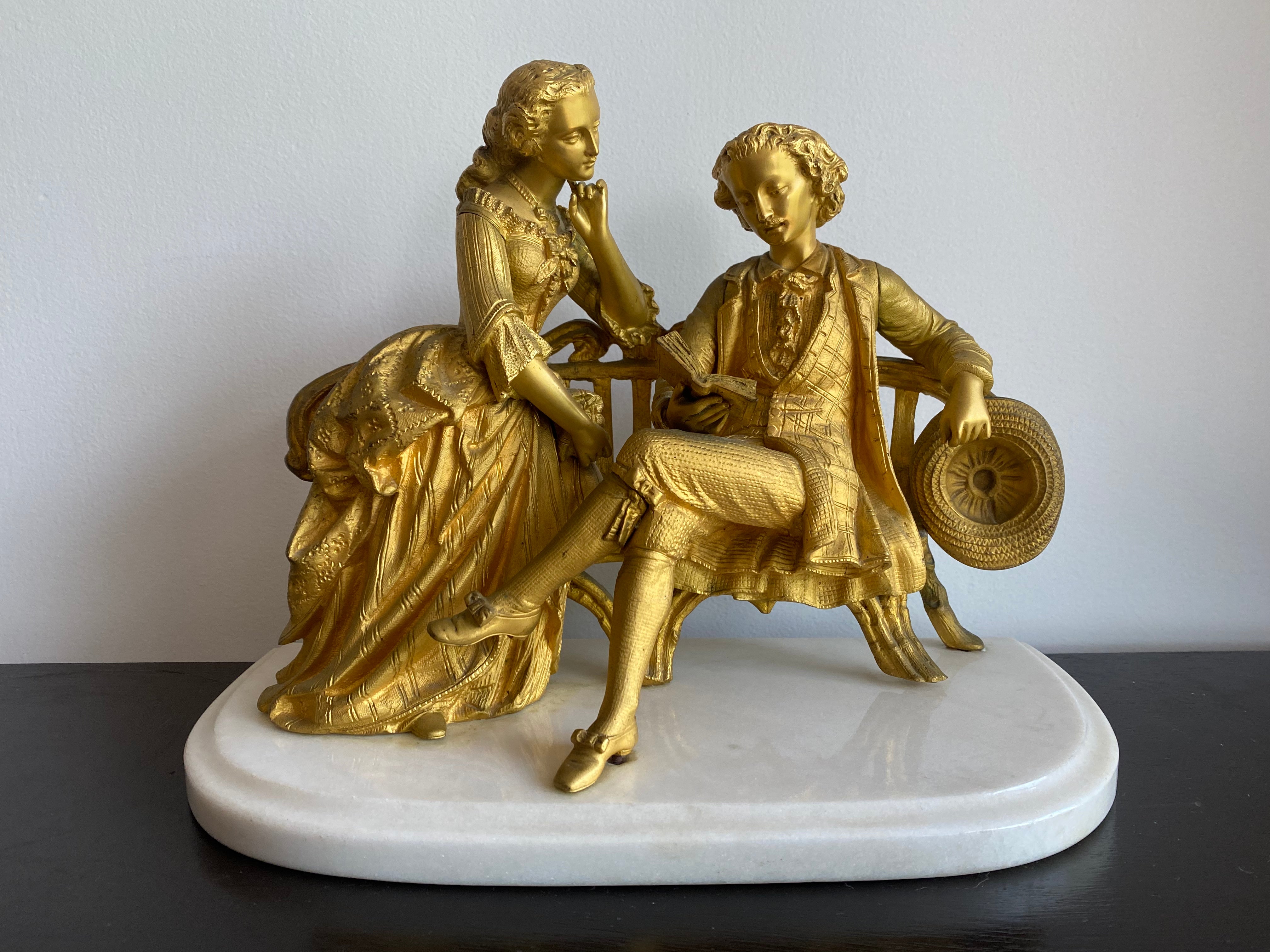 1890s French sculpture, gilt metal couple figure with marbel base