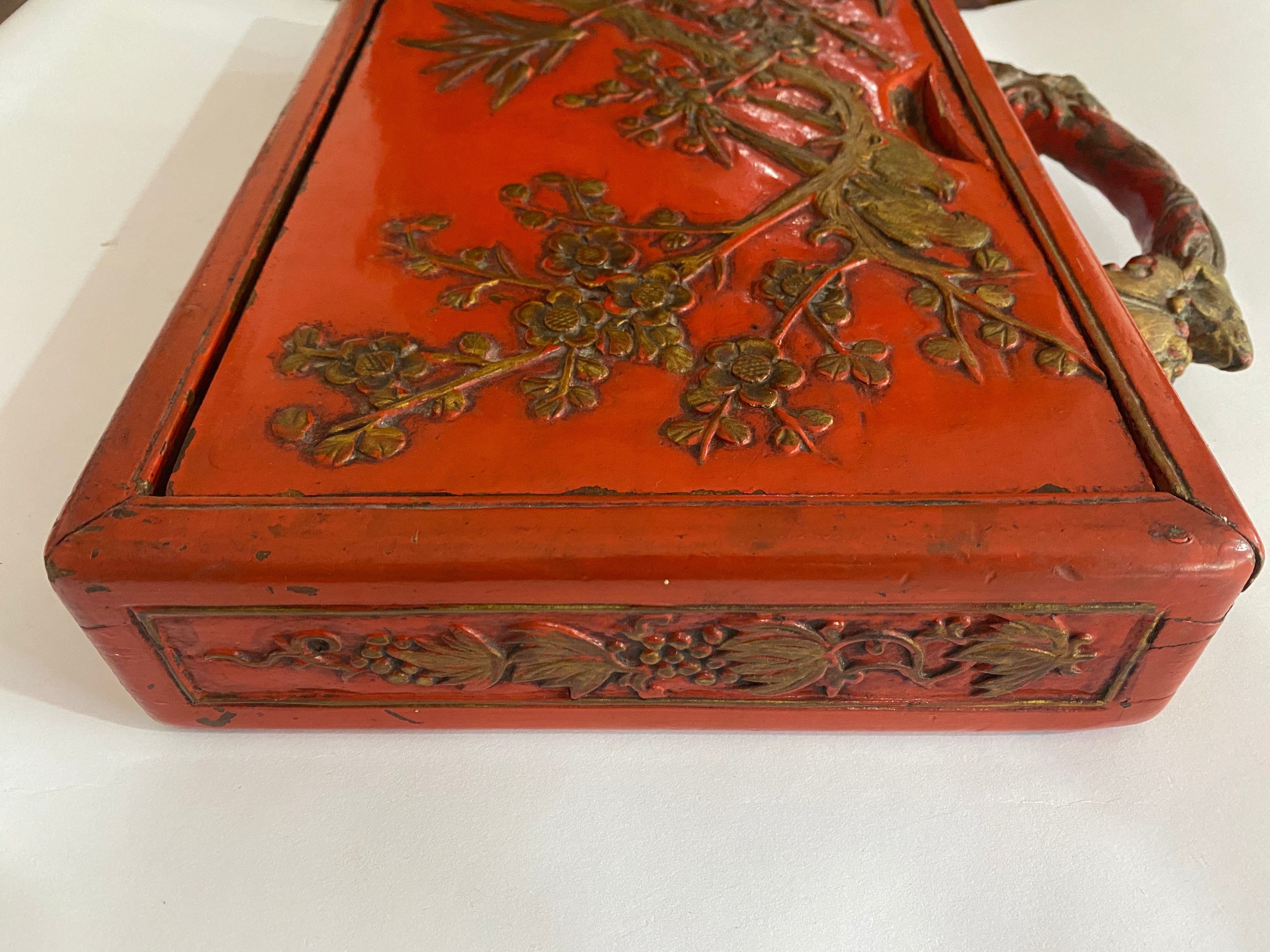 Japanese Beautiful old lacquered and carved wooden suitcase