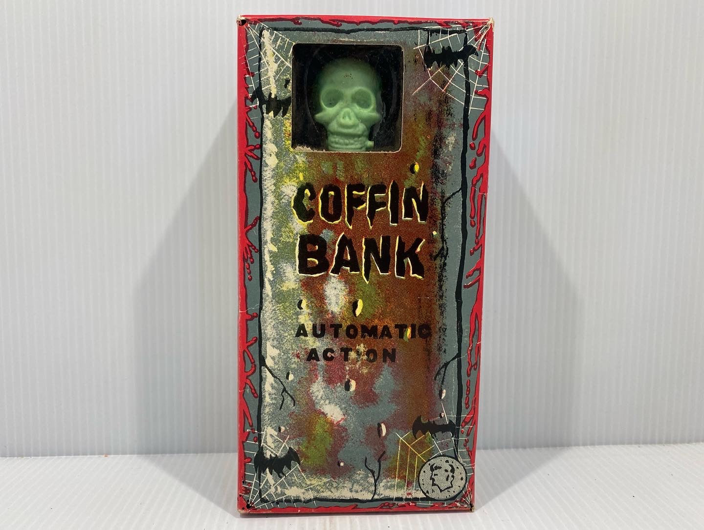 Vintage Automatic Mechanical Coffin Bank, Original Box. Works
