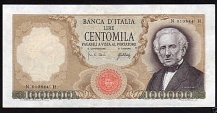 100000 lire Manzoni Italian republic, decree 03-07-1967
