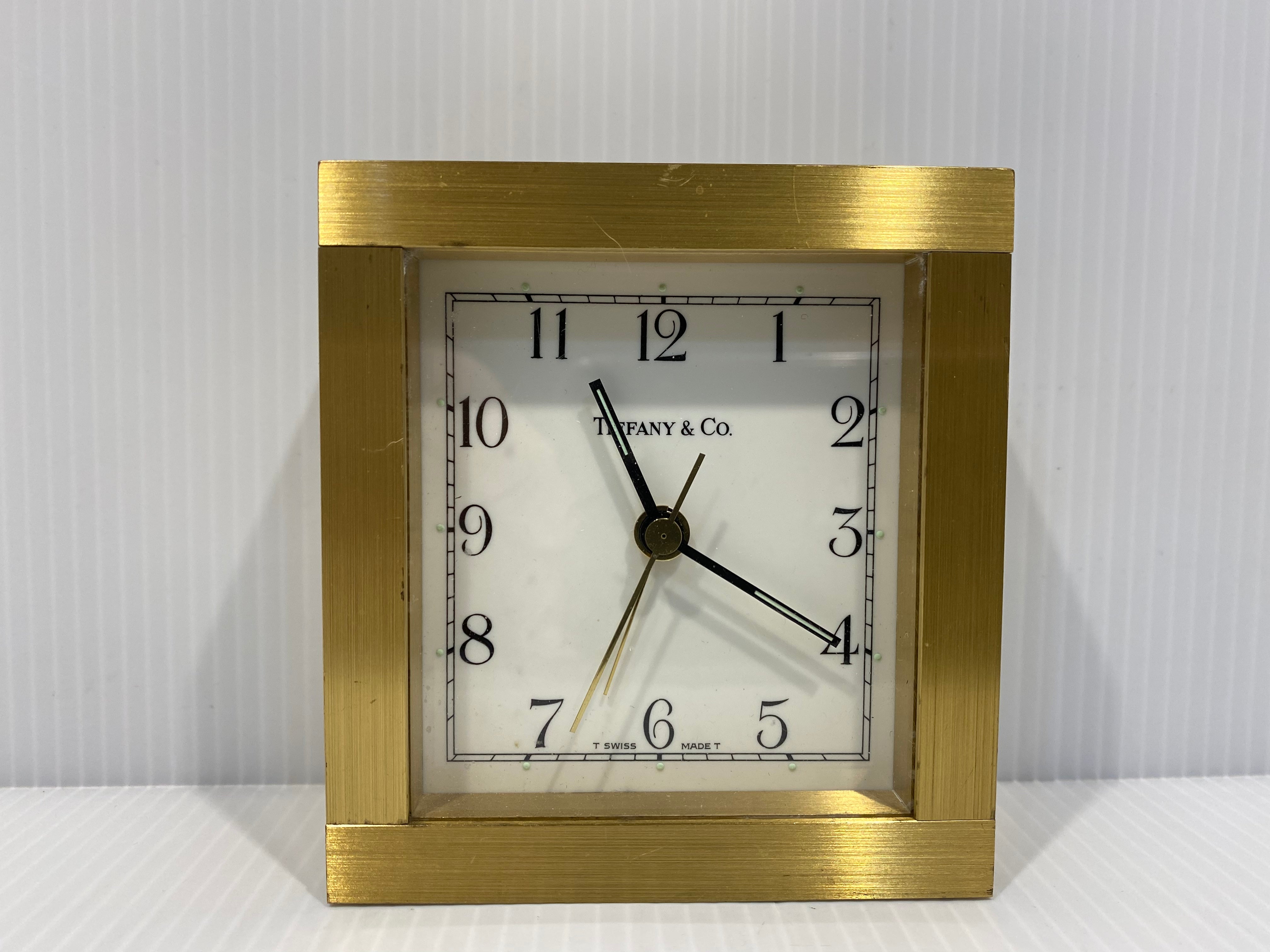 Tiffany & Co. Machined Bronze or Brass Square Mantel Desk Clock With Alarm