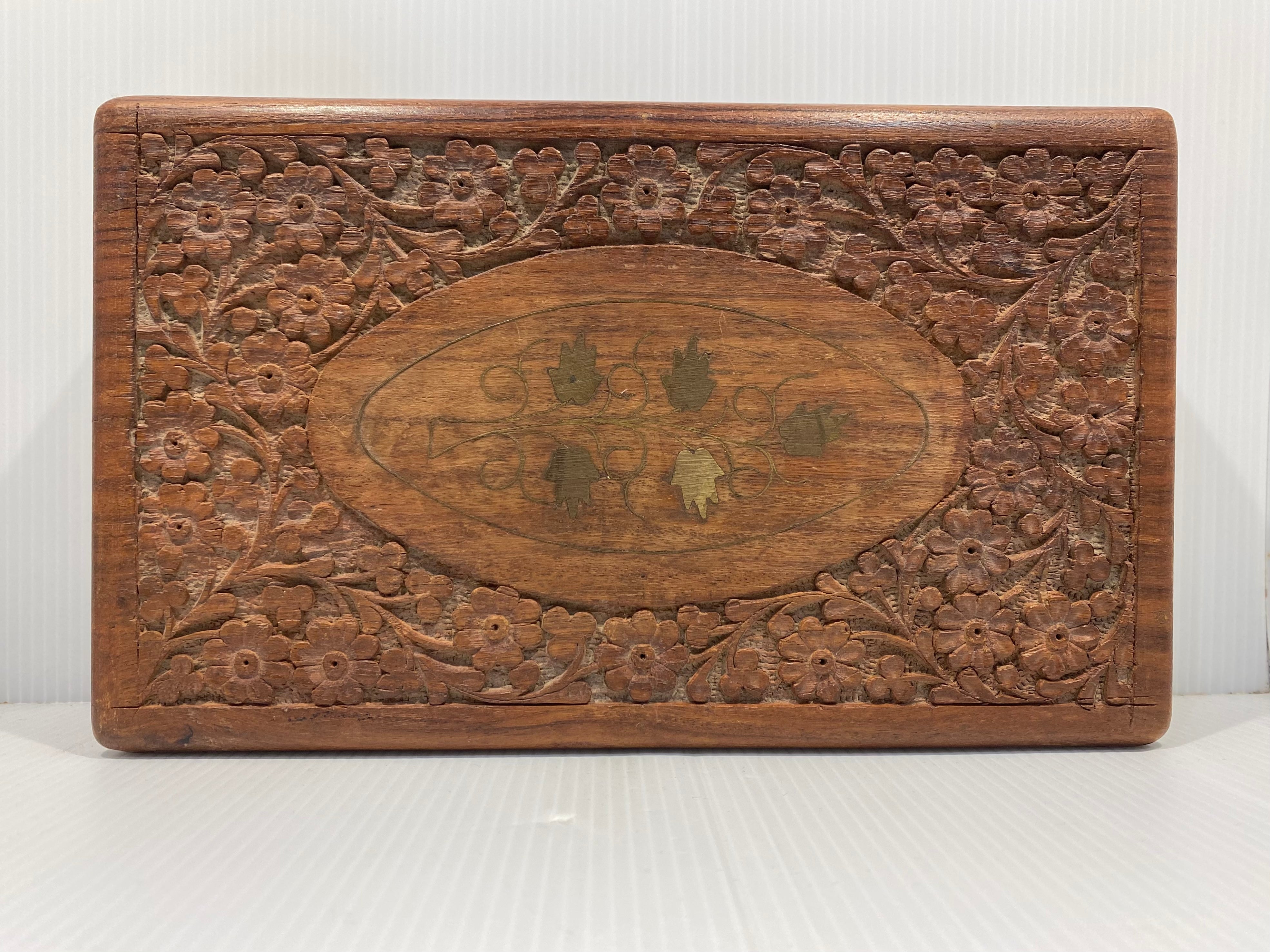 vintage carved wooden box with bronze inlays