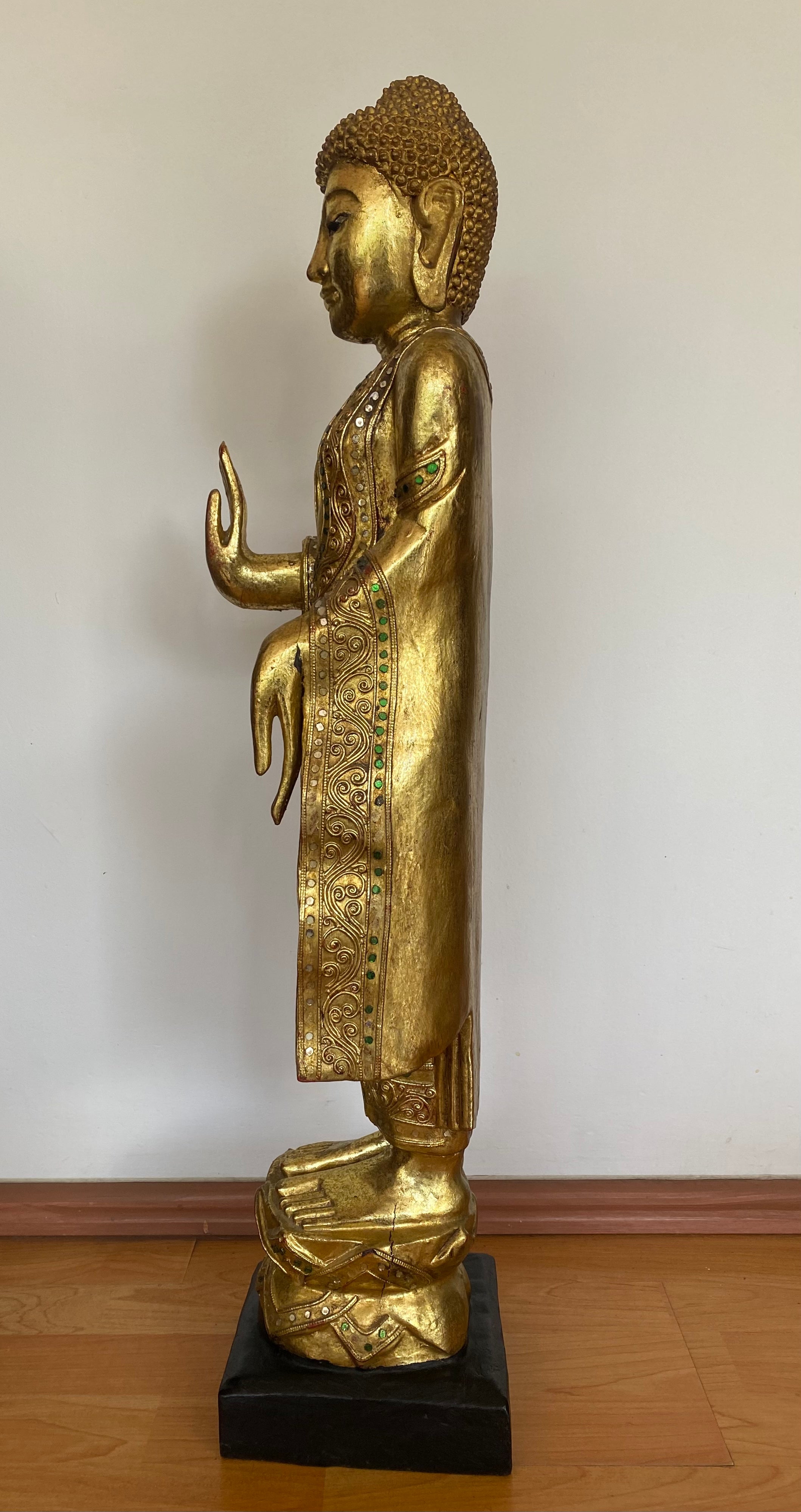 Antique Fine and Large, wood Carved and Gilt Statue of the Buddha. Myanmar, 19th century.