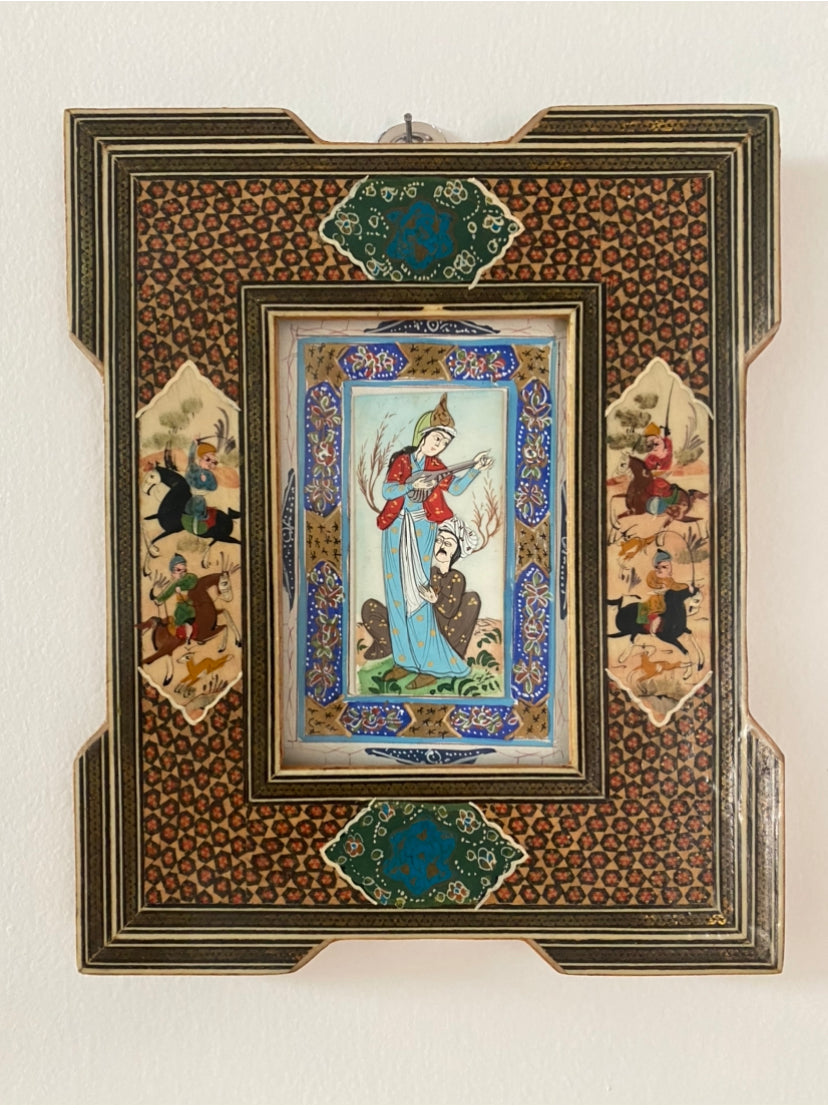 Beautiful vintage Handcrafted Persian Miniature Paintings on Bone in Khatam Micro Mosaic Frames. courting couple and Hunting Scene, hand painted on camel bone