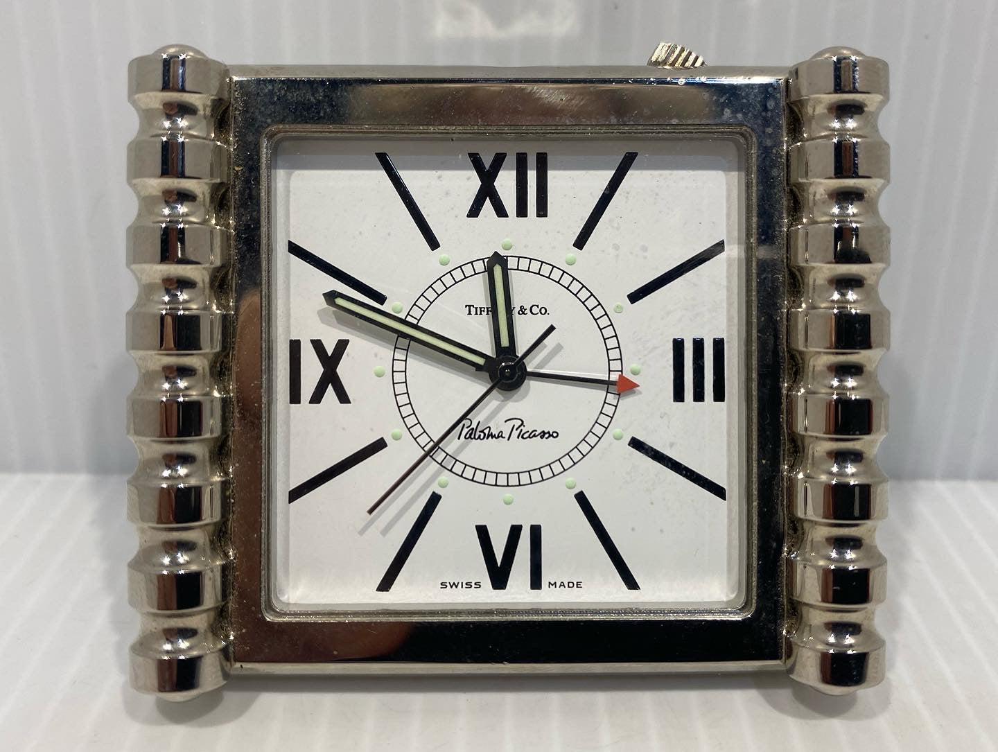 Tiffany & Co. Paloma Picasso Groove Quartz Alarm Travel Clock in Stainless Steel.