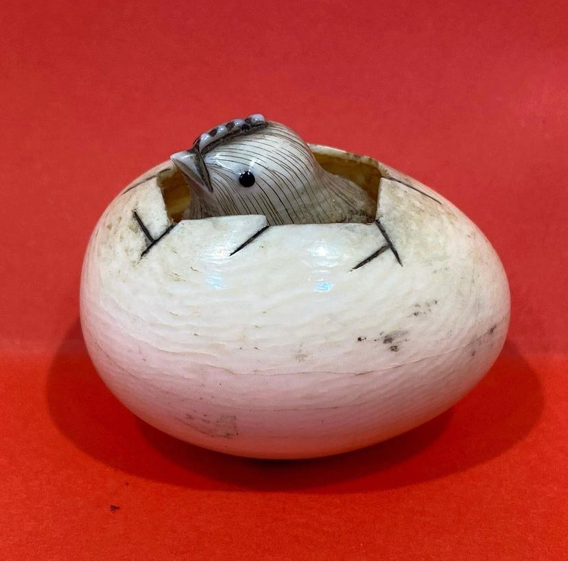 carved ivory netsuke, chick in egg the baby chick with inlaid eyes, signed By Mitsumasa.