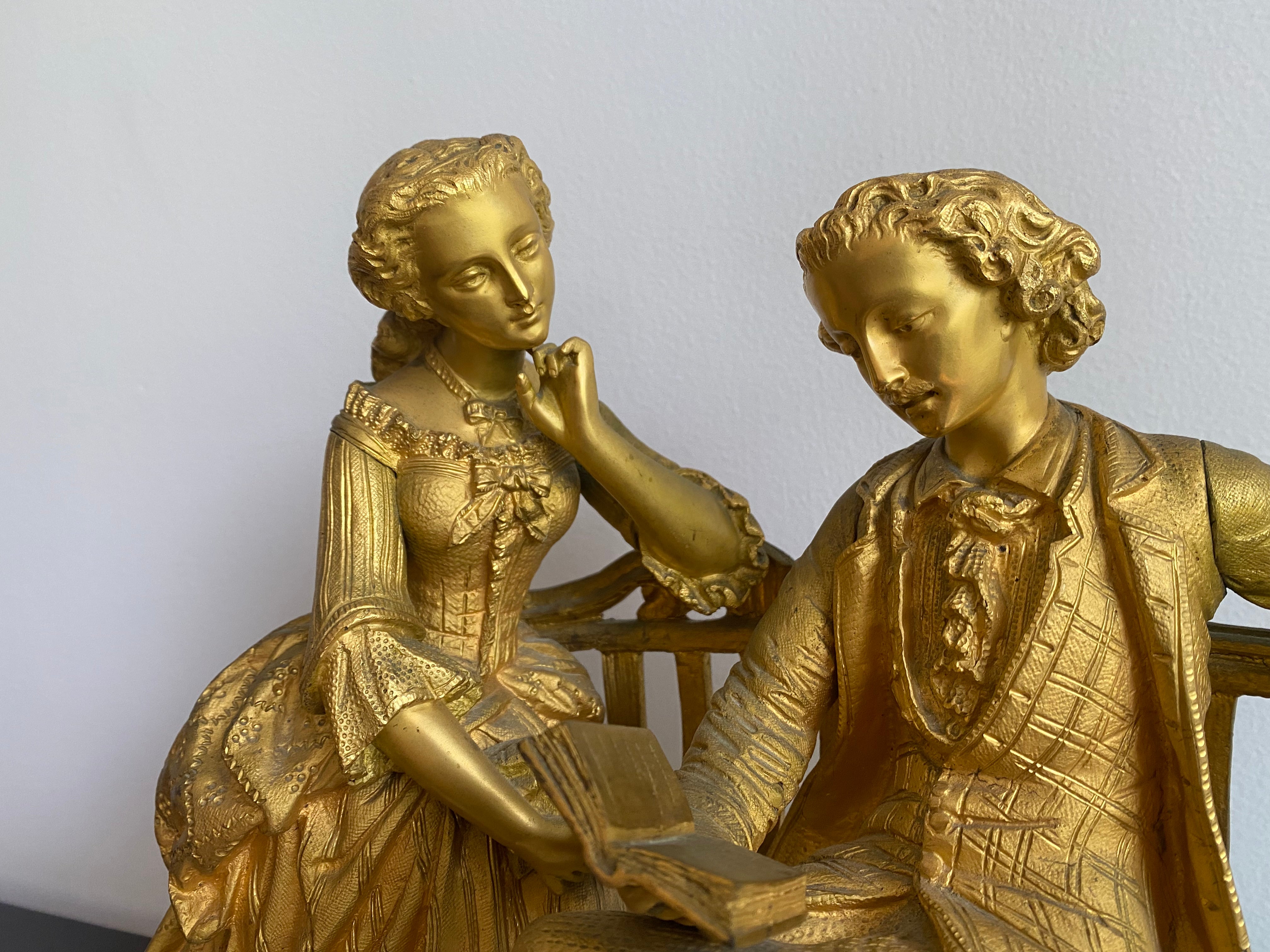 1890s French sculpture, gilt metal couple figure with marbel base