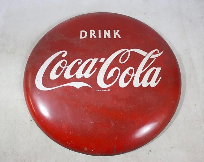 Beautiful vintage Round "Drink Coca-Cola" button sign, red enamel on metal, 1950's.