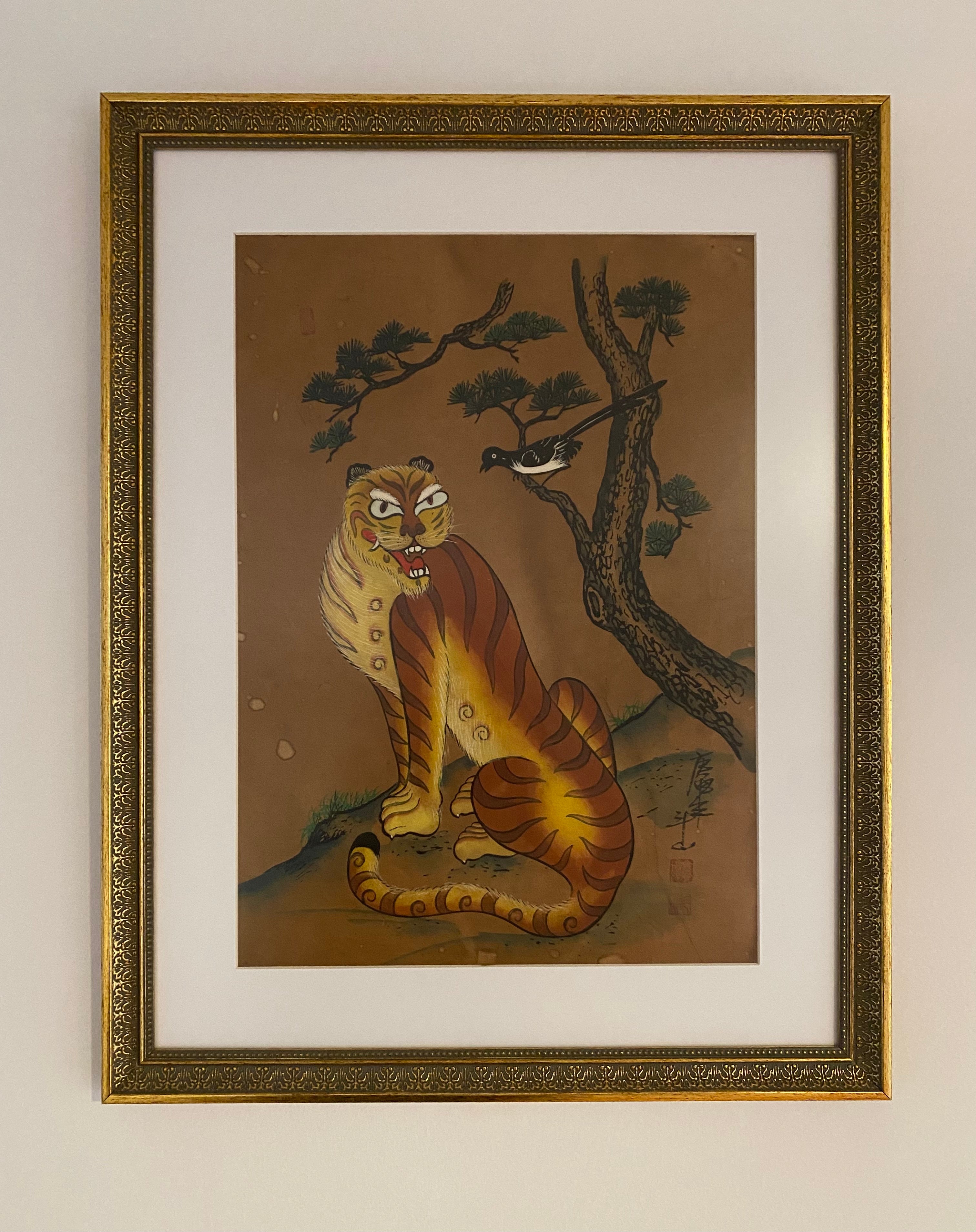 Antique Japanese Woodblock print. Tiger with bird. Hand Signed. Maruyama Okyo’s ?