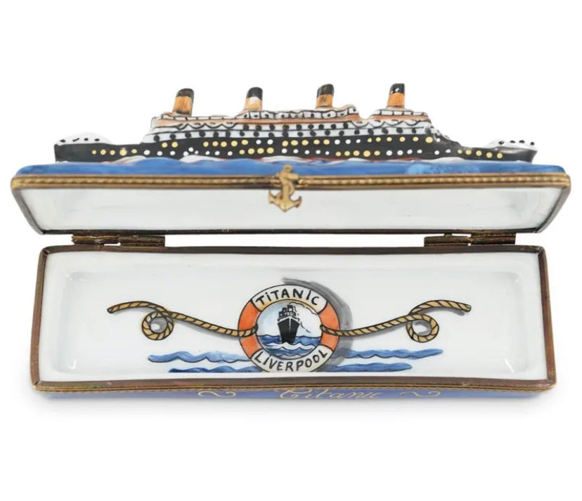 Limoges "Titanic" La Gloriette Trinket Box. Hand painted "Titanic Liverpool" on interior.