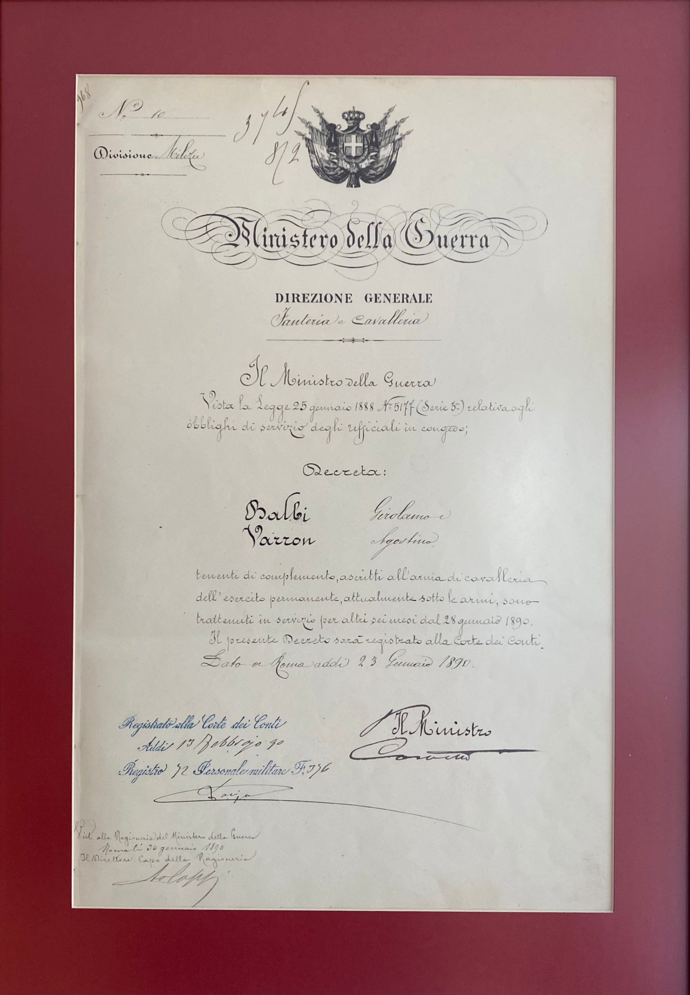 1890 Italy,  document signed by the Minister of War Giovanni Corvetto