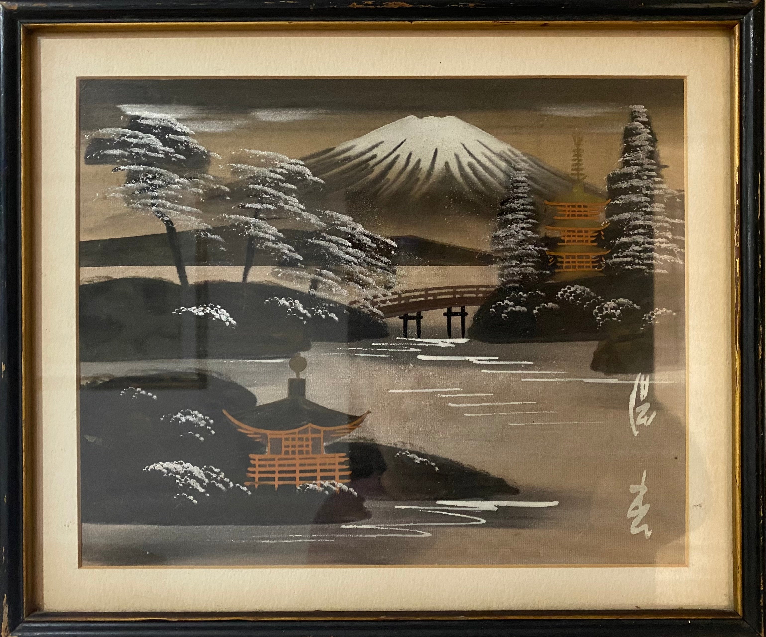 Antique Japanese watercolor woodblock painting on silk, 1930s.