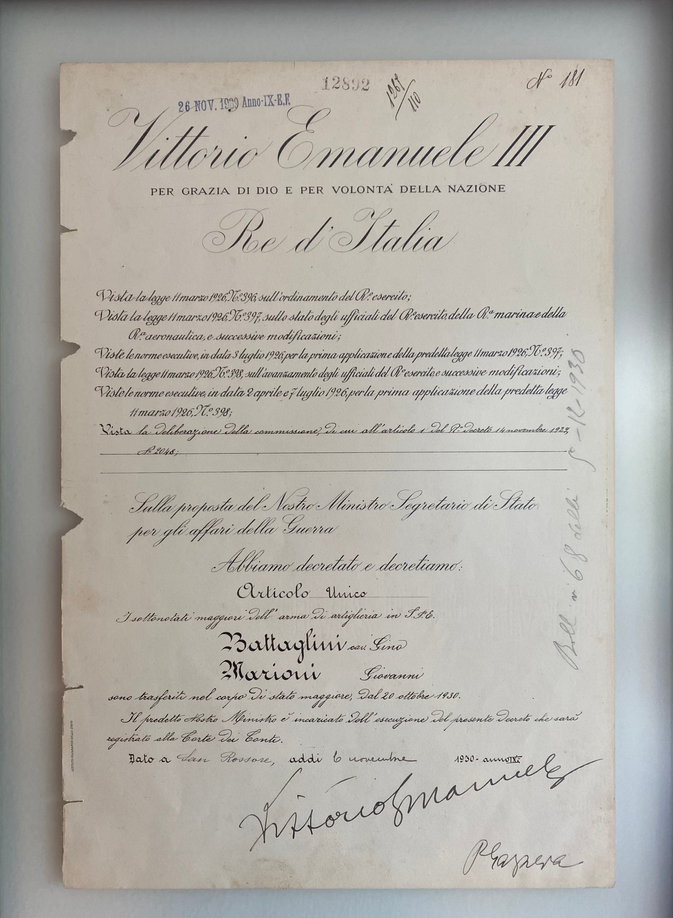 1930. Ministry of War Decree, signed by King Vittorio Emanuele III