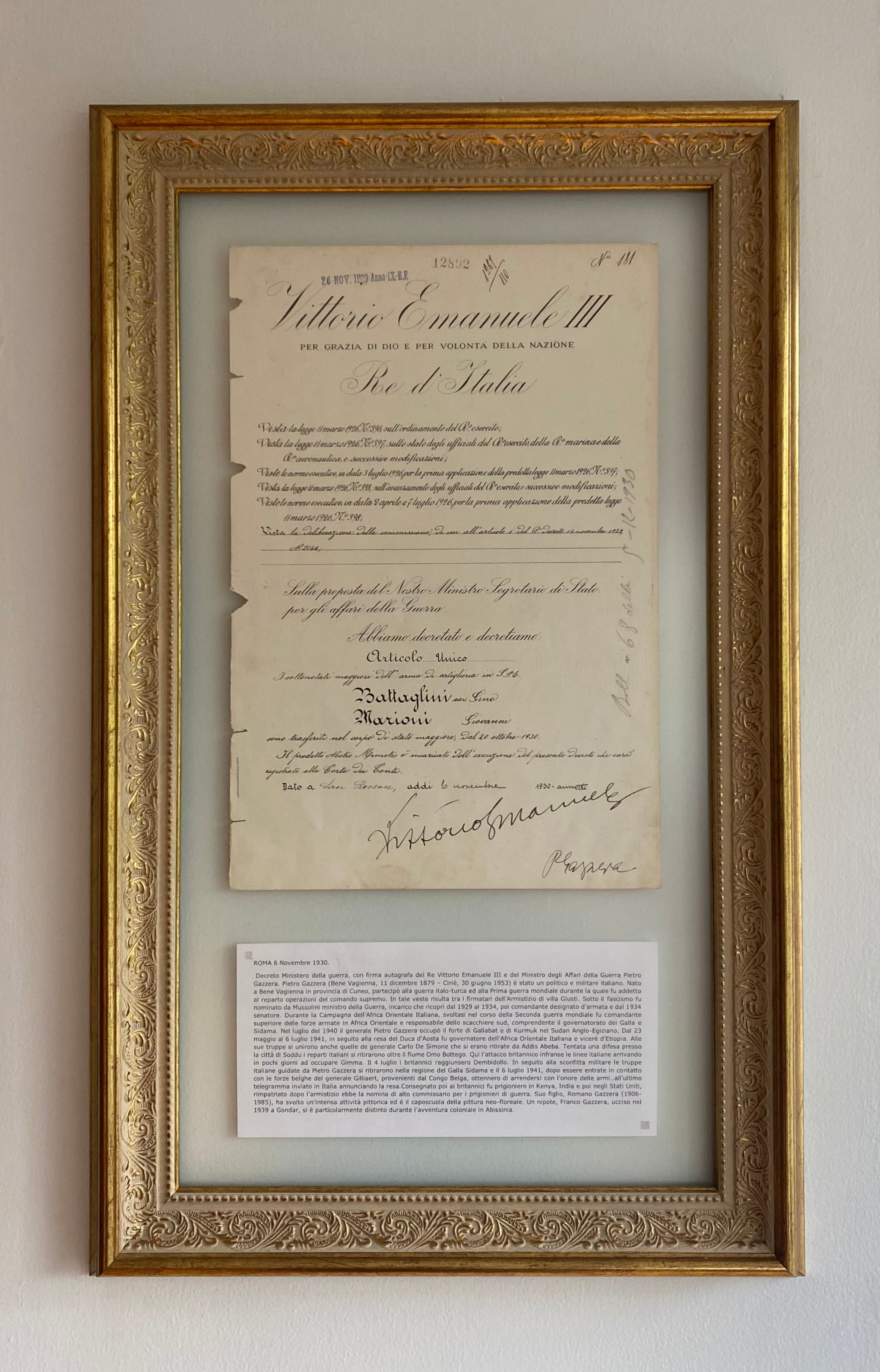 1930. Ministry of War Decree, signed by King Vittorio Emanuele III
